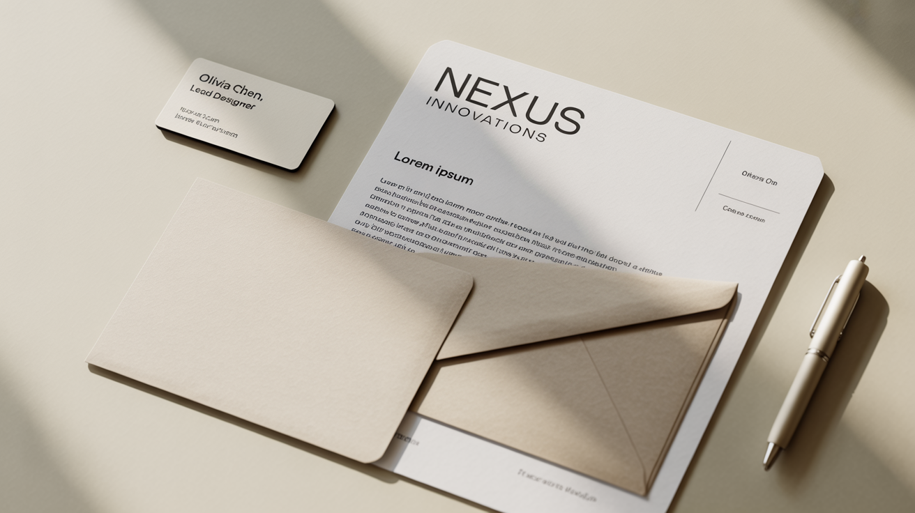 A professional brand identity stationery mockup showing a business card, letterhead, and envelope for a fictional company 'Nexus Innovations' arranged on a clean white background.