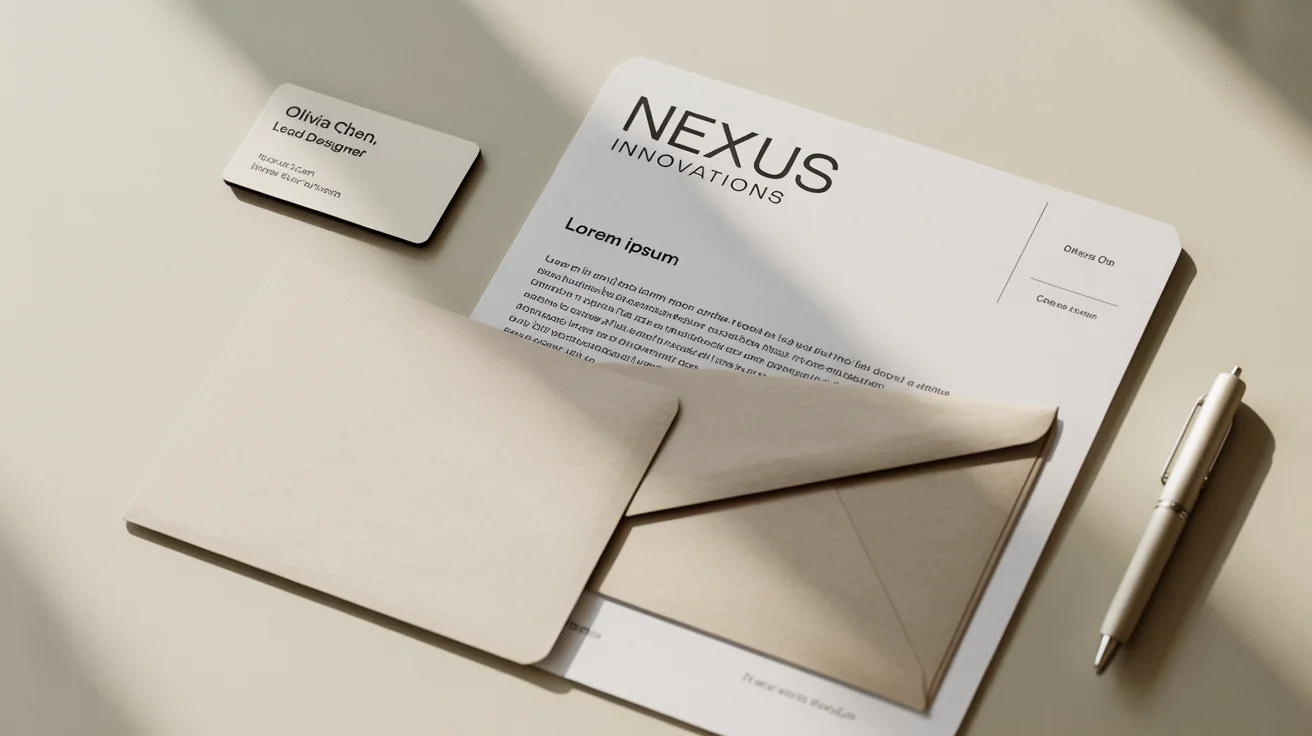 A professional brand identity stationery mockup showing a business card, letterhead, and envelope for a fictional company 'Nexus Innovations' arranged on a clean white background.