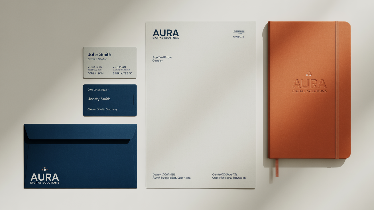 A professional flat lay mockup of a complete brand identity stationery set for a company called 'Aura Digital Solutions', featuring business cards, a letterhead, and an envelope on a white surface.
