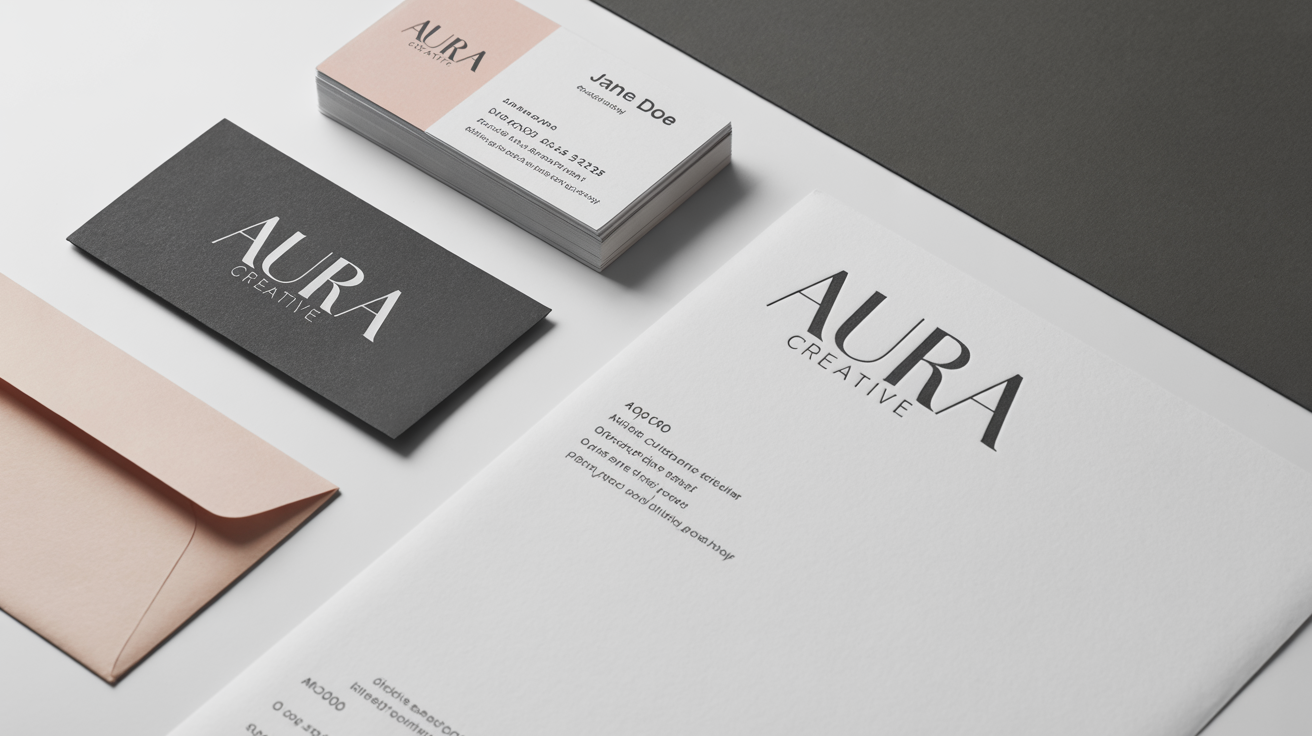 A professionally arranged mockup of a corporate brand identity stationery set, including a business card, letterhead, and envelope, all featuring a minimalist design for the brand 'Aura Creative' on a white background.