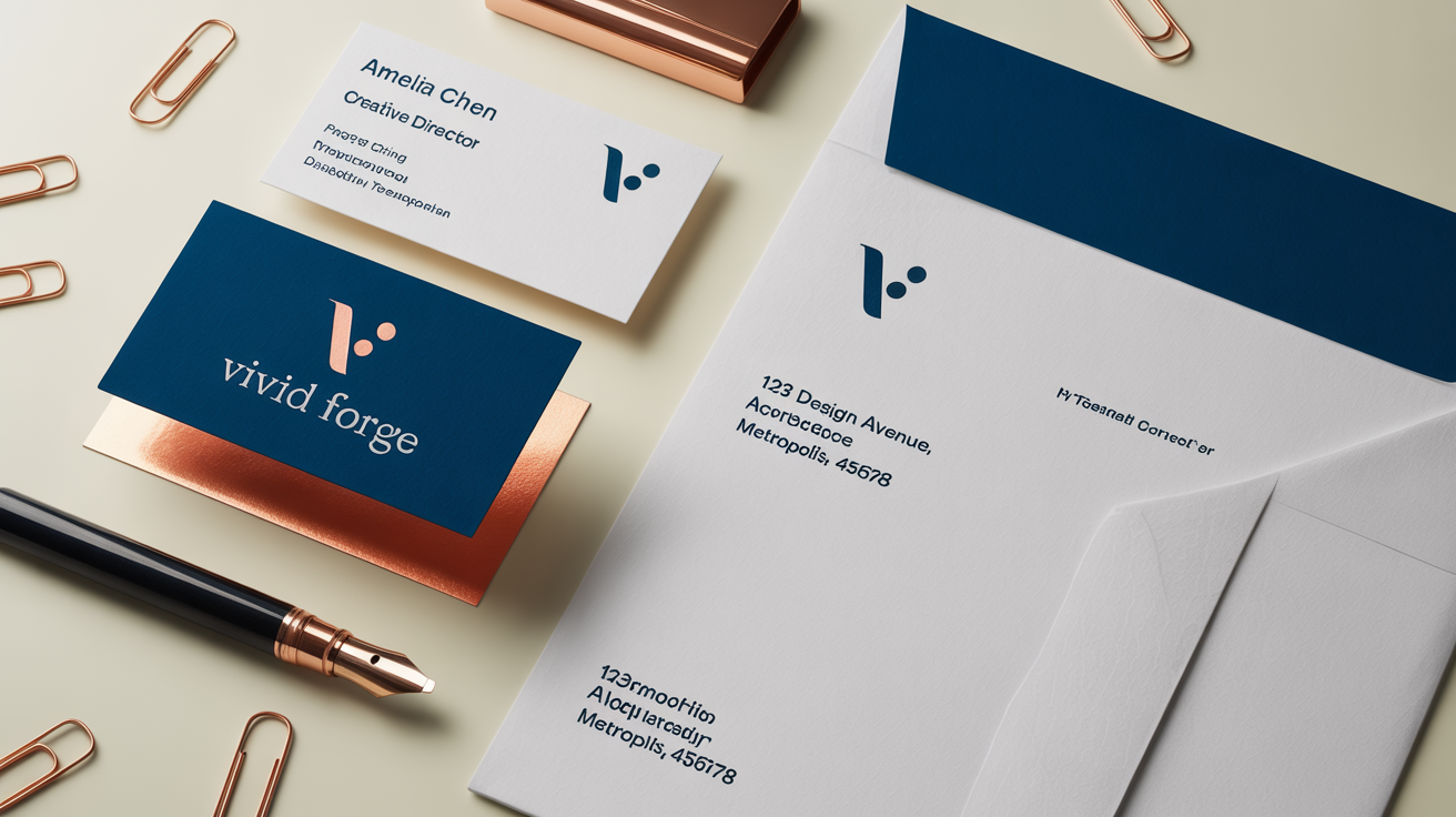 A professional brand identity stationery mockup showing a business card, letterhead, and envelope for the brand 'Vivid Forge', arranged neatly on a white background.