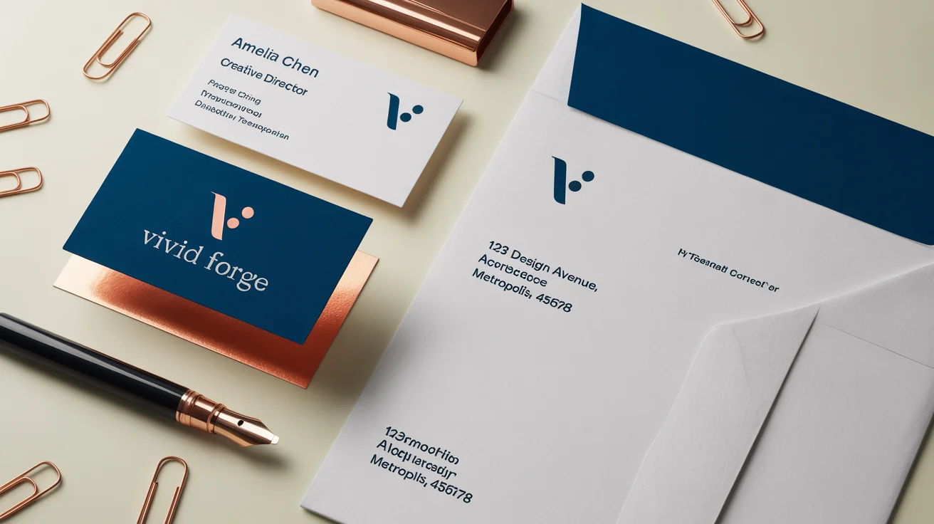 A professional brand identity stationery mockup showing a business card, letterhead, and envelope for the brand 'Vivid Forge', arranged neatly on a white background.