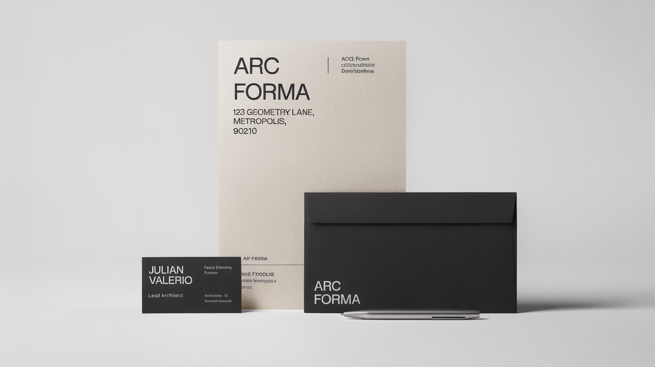 A professional flat lay mockup of brand identity stationery, including a letterhead, business card, and envelope for a fictional architecture firm on a clean white background.