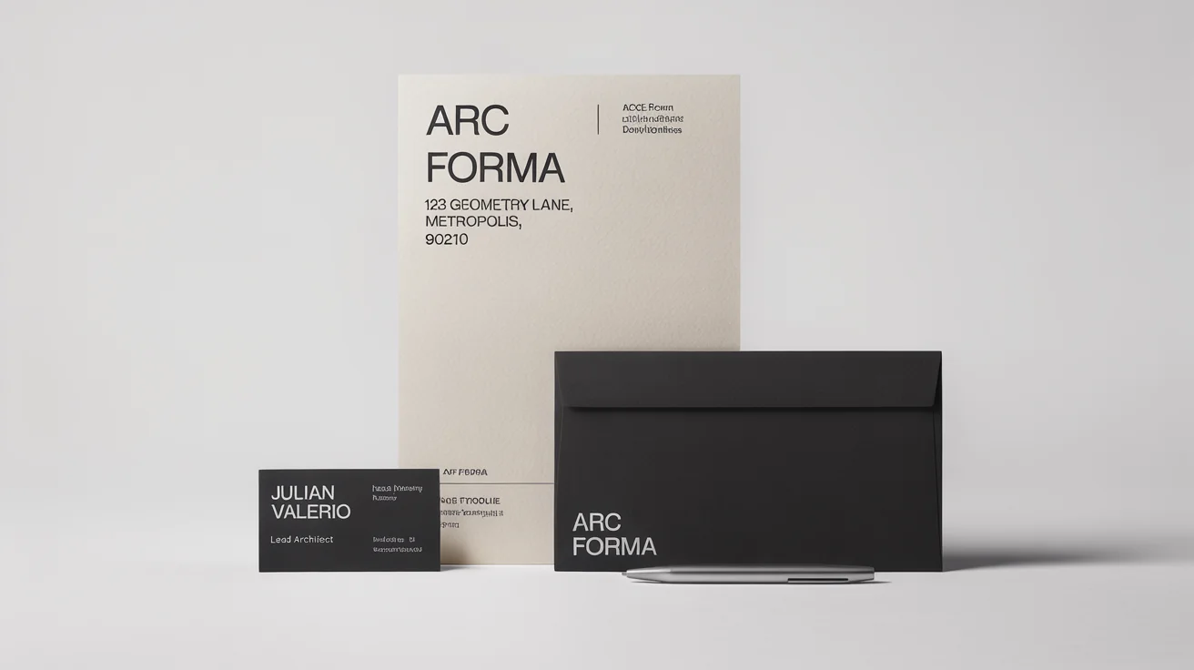 A professional flat lay mockup of brand identity stationery, including a letterhead, business card, and envelope for a fictional architecture firm on a clean white background.