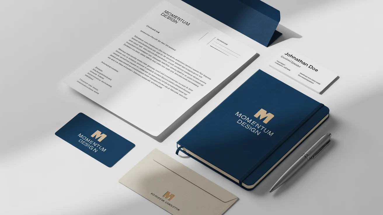A professional brand identity stationery mockup for the fictional company 'Momentum Design', showcasing a letterhead, business card, and notebook with a navy, grey, and gold color scheme on a white background.