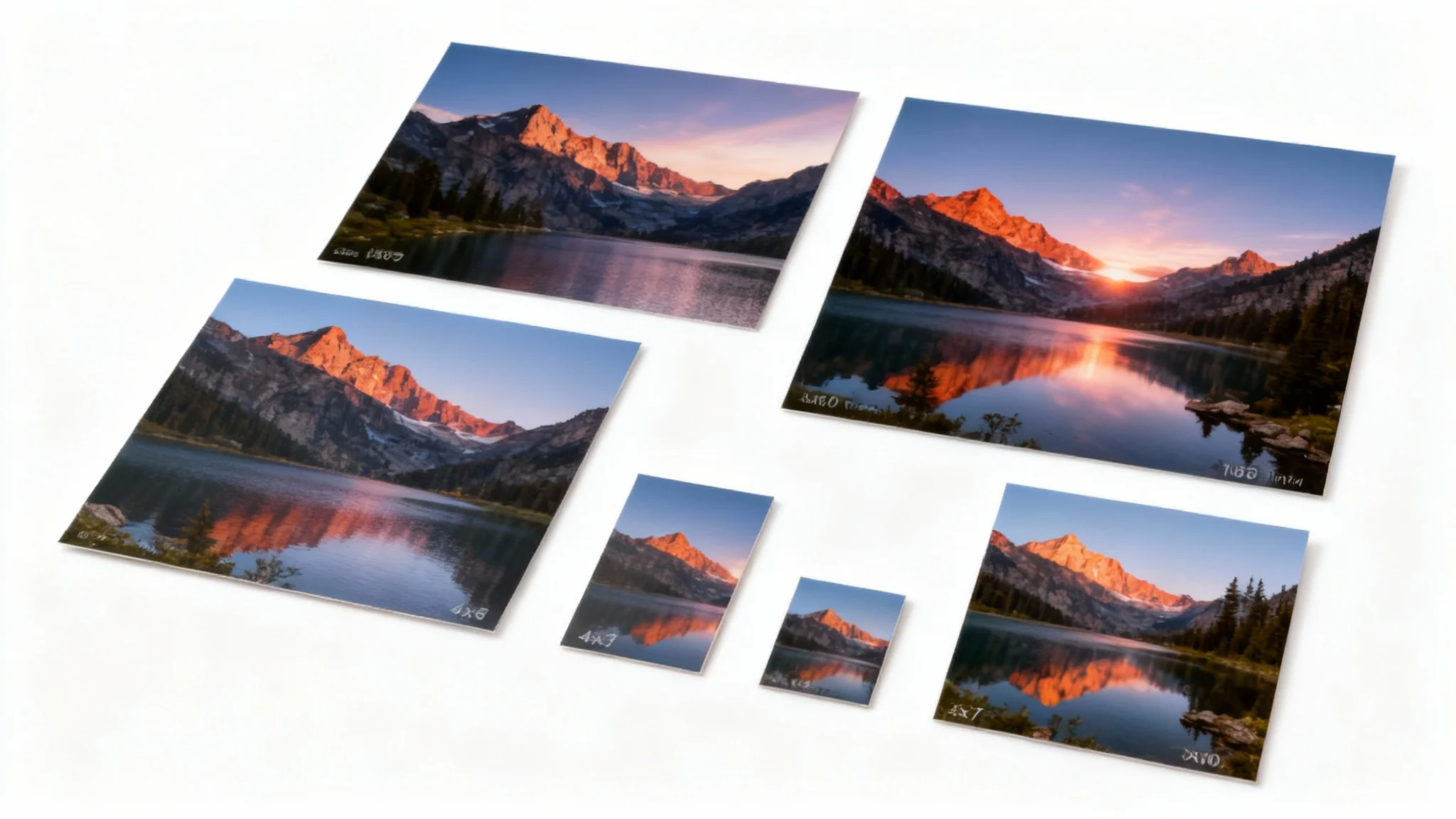A flat lay of high-quality photographic prints in various sizes, all showing the same beautiful mountain landscape, arranged on a clean white surface to represent the result of resizing an image for printing.
