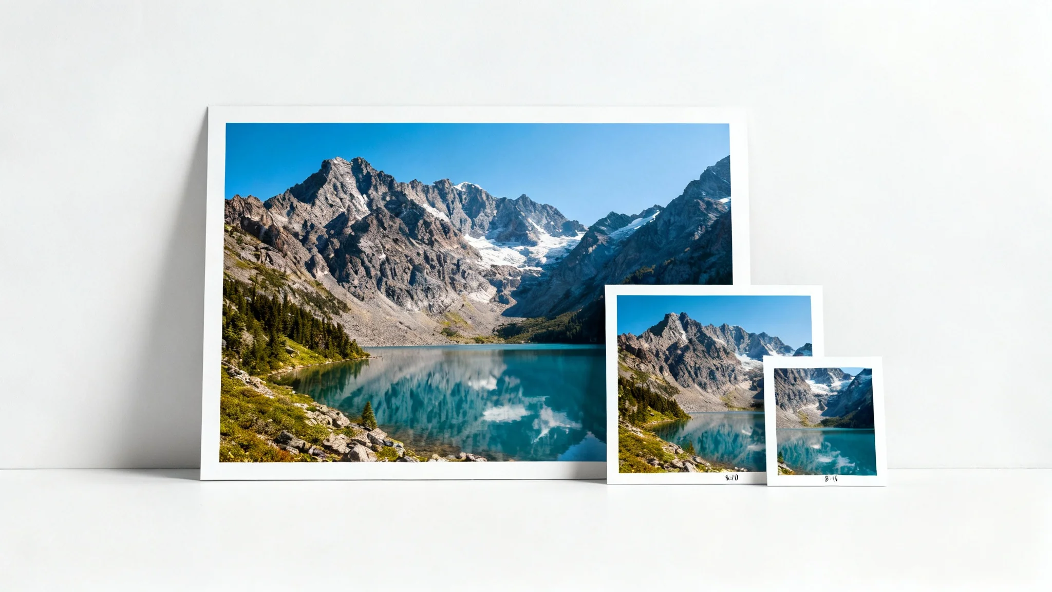 Several high-quality photo prints of a mountain landscape in various sizes arranged on a white surface, demonstrating image resizing for printing.