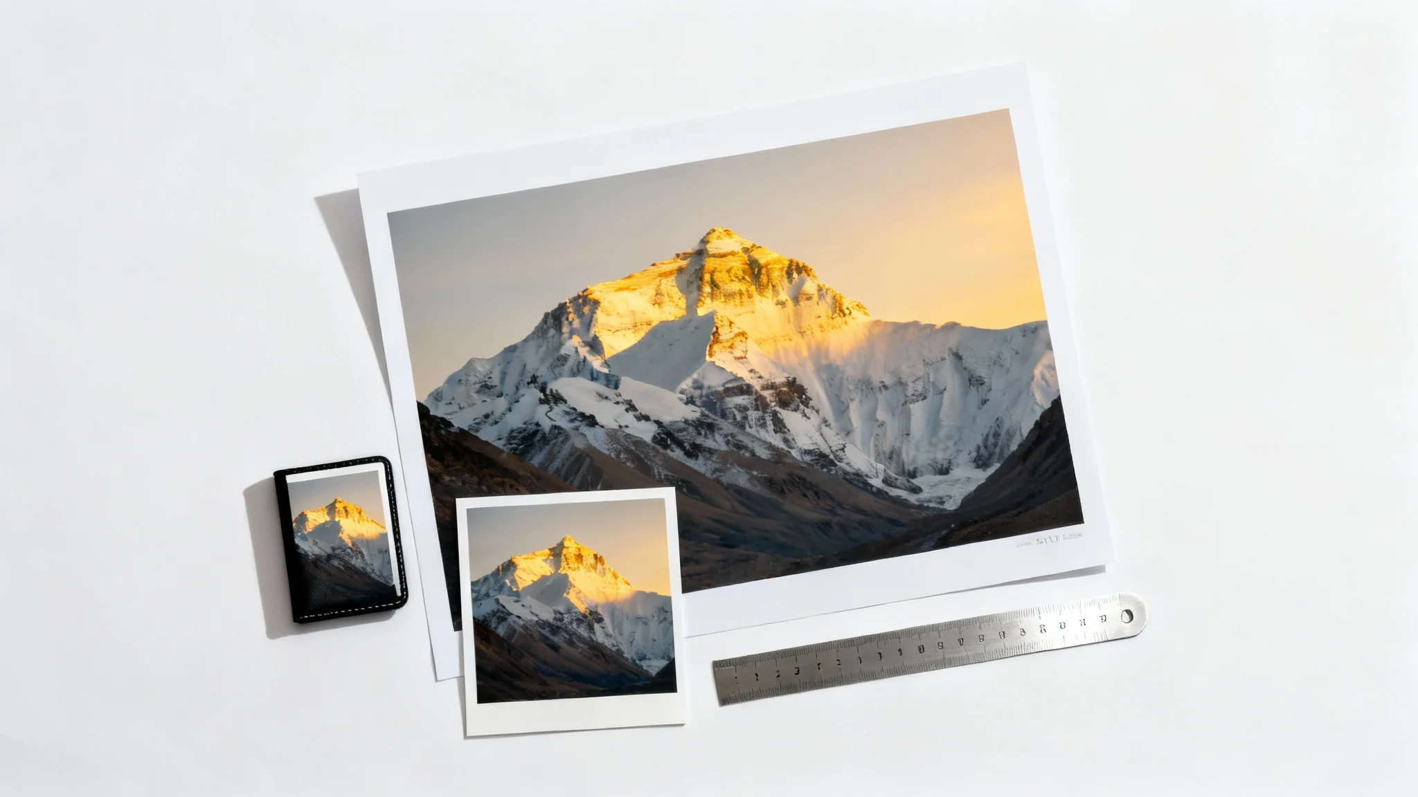 A collection of photo prints in various sizes, all showing the same mountain landscape, arranged on a white background with a ruler, illustrating the concept of resizing images for printing.