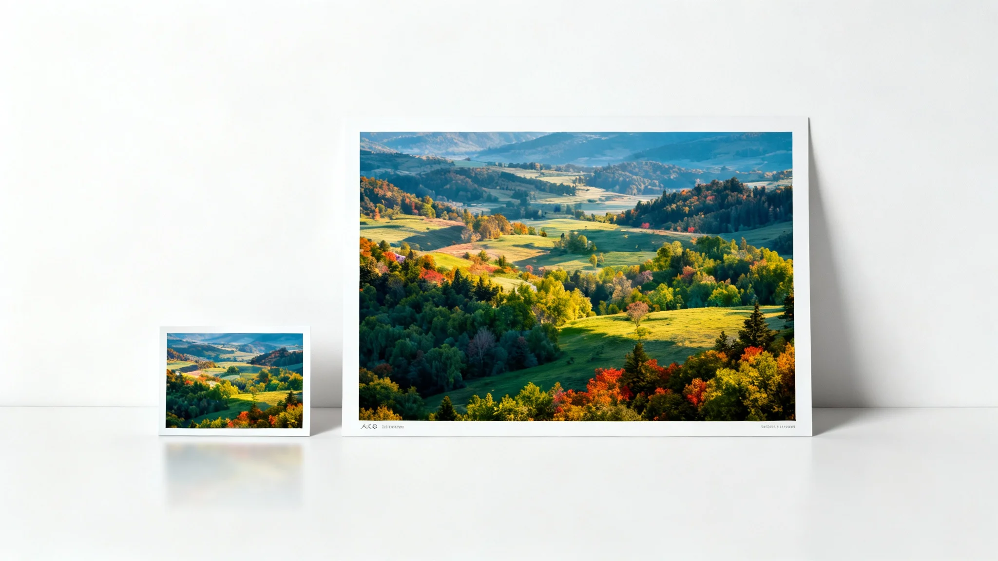 A small, slightly blurry photo of a landscape next to a large, sharp, high-resolution poster of the same landscape, symbolizing resizing an image for printing, on a white background.