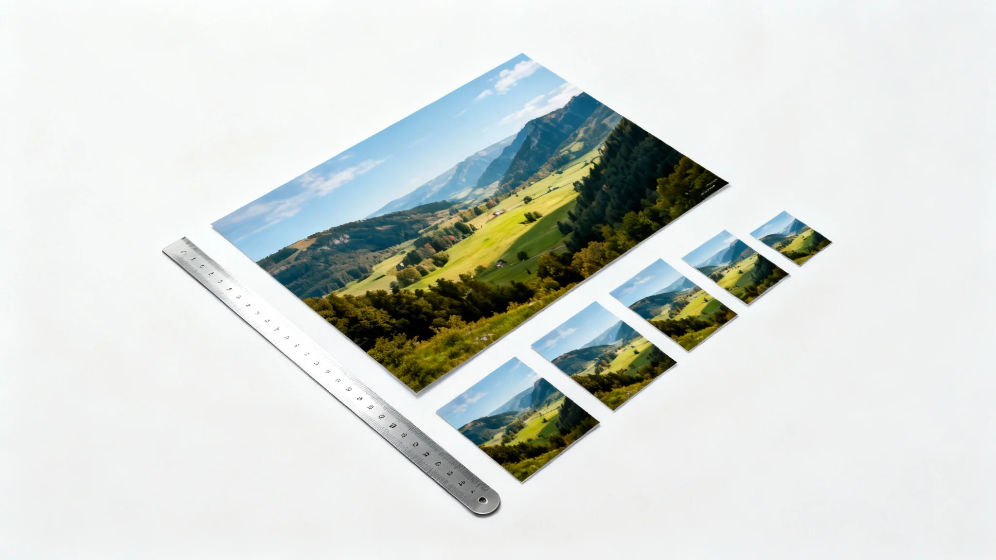 A flat lay composition showing a large, high-quality landscape print alongside several smaller versions and a ruler, illustrating the concept of resizing images for printing.
