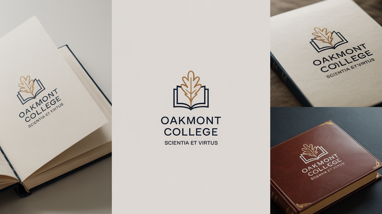 A professionally designed brand mockup for a redesigned Oakmont College logo, showing the navy and gold crest on stationery and a book.