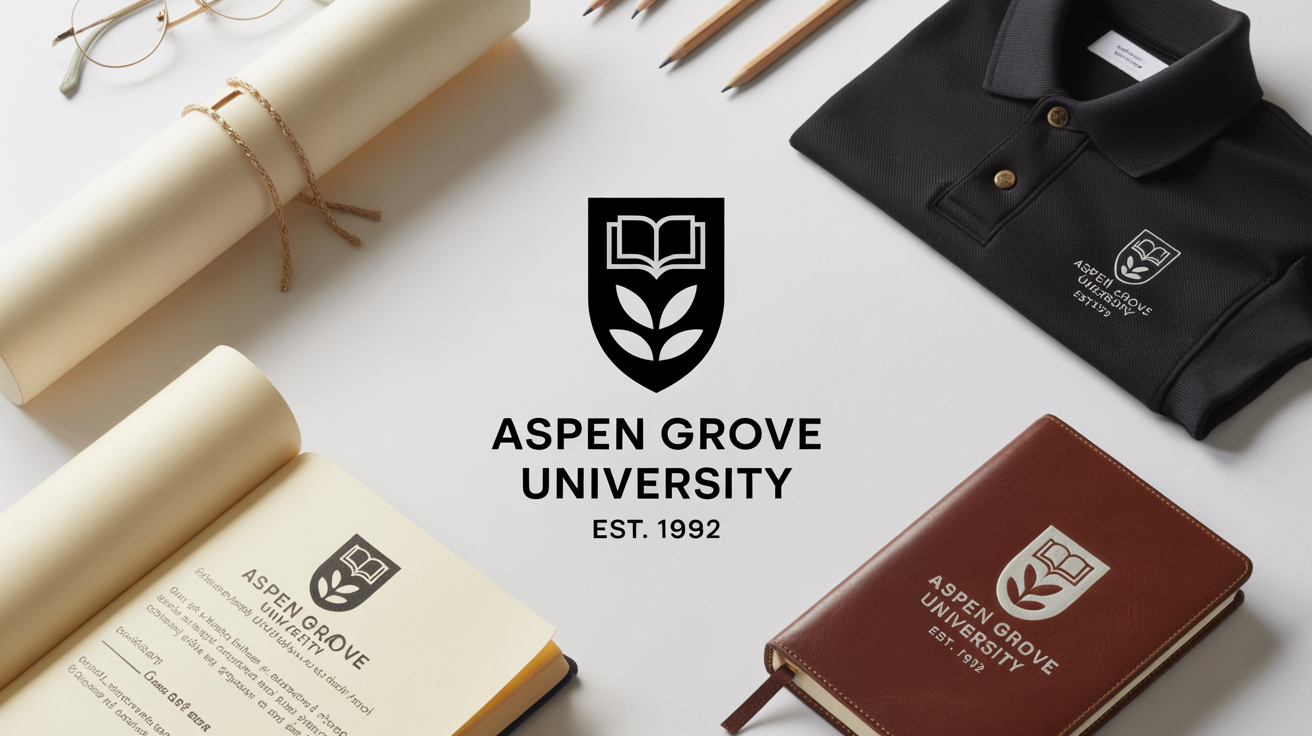 A mockup of redesigned branding for the fictional 'Aspen Grove University', showing a modern shield logo on a diploma, a polo shirt, and a journal, all set against a clean white background.