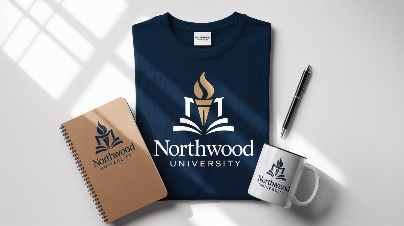 A flat lay mockup of redesigned college merchandise for the fictional 'Northwood University', showing a t-shirt, notebook, and mug with a modern gold and navy blue crest logo on a white background.