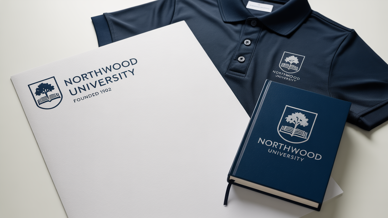 A professional branding mockup for 'Northwood University', showcasing a redesigned navy blue and silver logo on a letterhead, polo shirt, and journal, all neatly arranged on a clean white background.