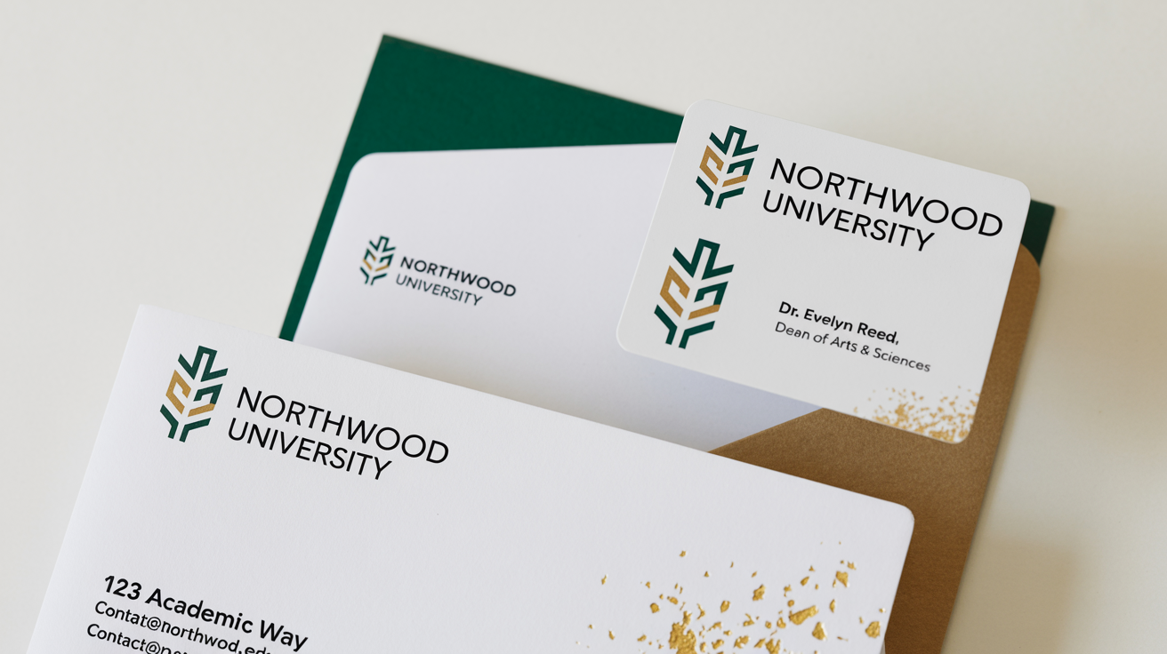 A branding mockup for a redesigned Northwood University logo, featuring a stylized green and gold oak leaf. The logo is displayed on a letterhead and business card arranged on a white surface.