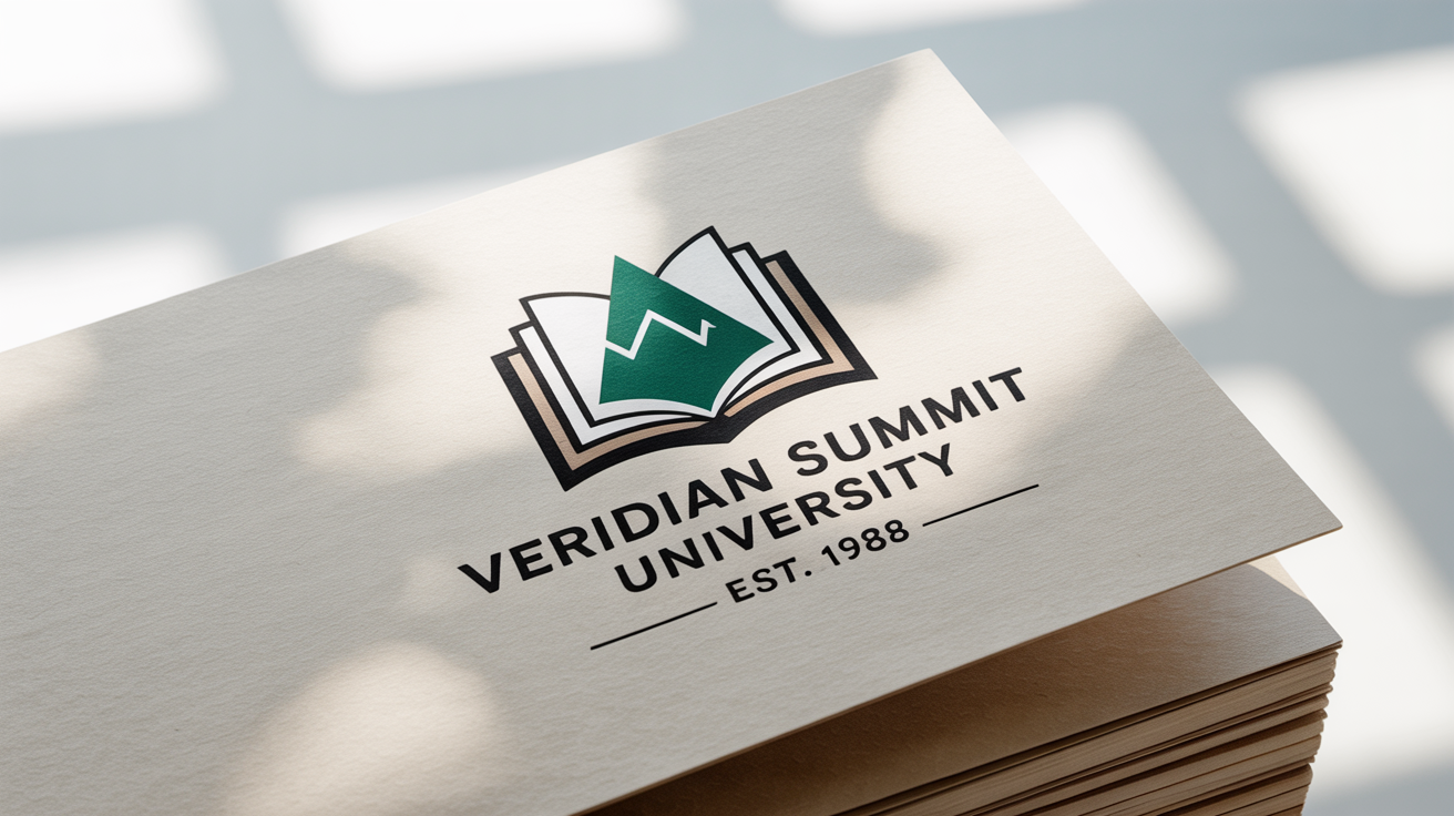 A mockup of a redesigned college logo for 'Veridian Summit University' on a white background, featuring a modern green and silver crest with a mountain and book.