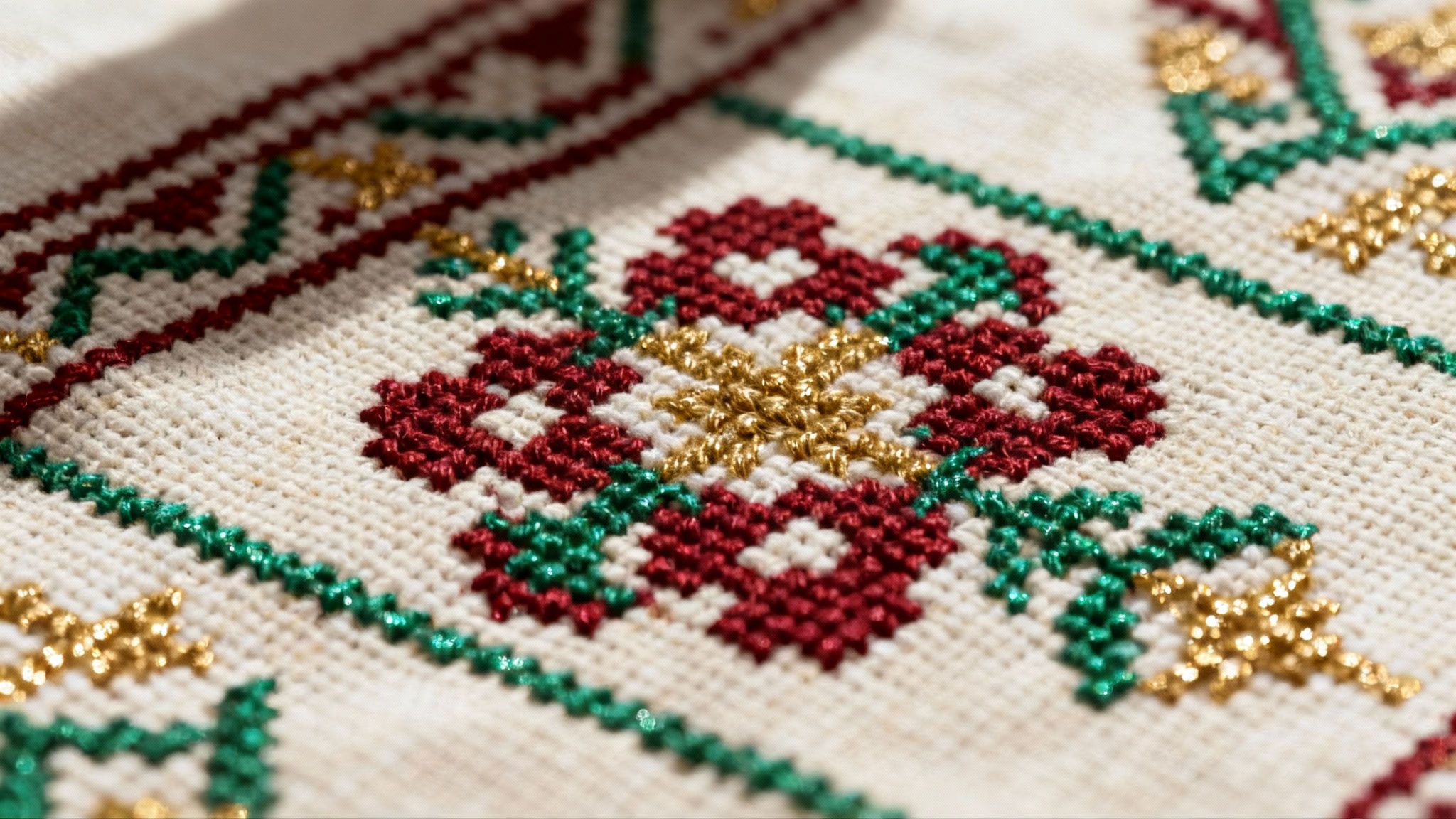 A detailed, close-up photograph of a vibrant tatreez embroidery pattern on natural linen fabric, featuring intricate geometric and floral designs in red, green, and gold thread, representing the final result from a design tool.
