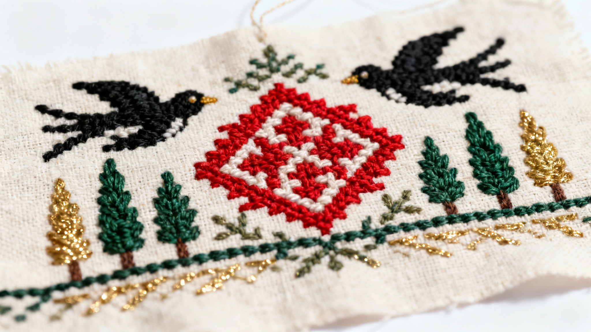 A detailed, close-up photograph of a traditional Palestinian Tatreez embroidery pattern, featuring intricate red, black, and green cross-stitching on a linen fabric, set against a plain white background.