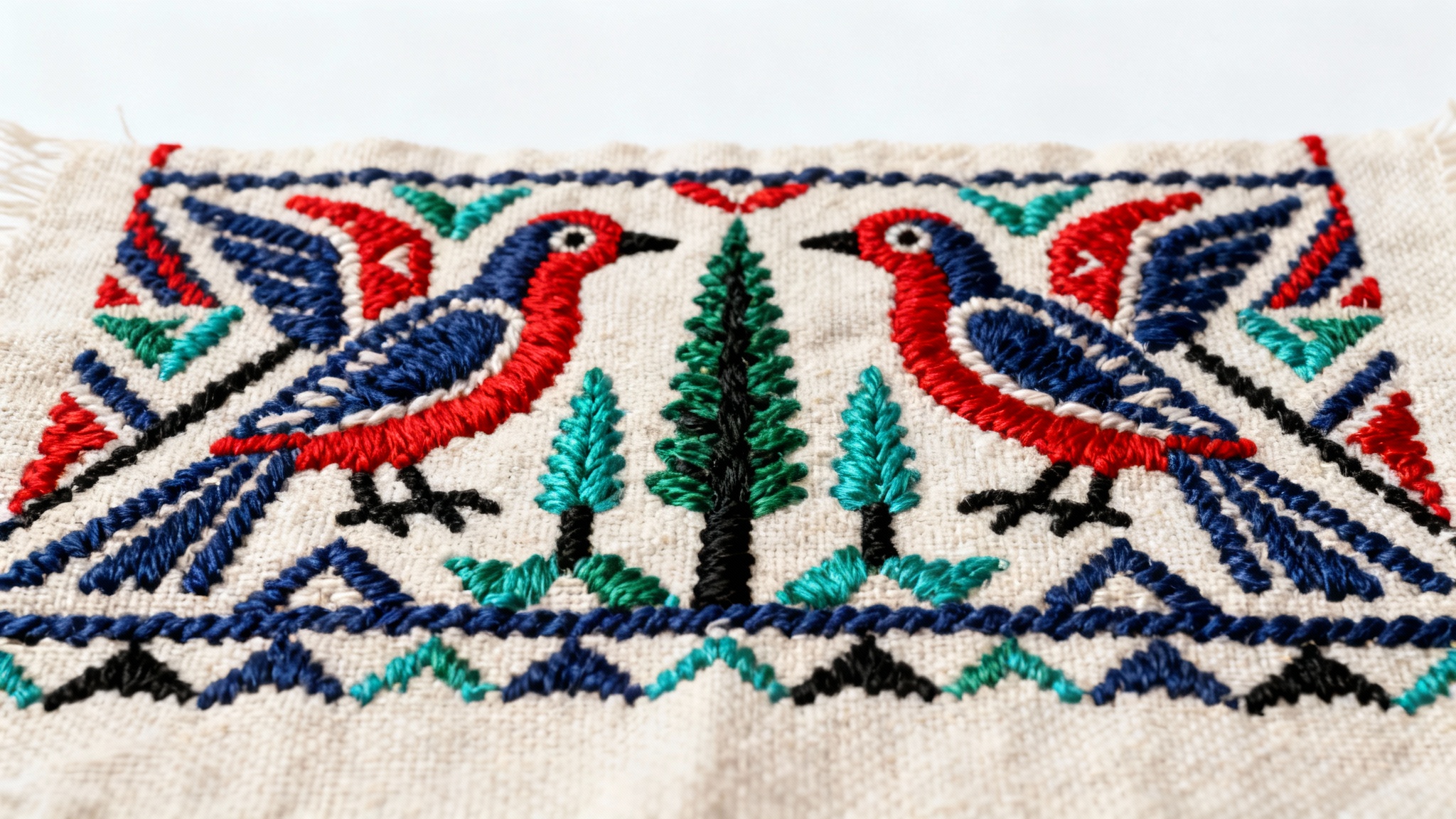 A close-up, detailed image of a traditional Palestinian tatreez embroidery, showcasing intricate geometric patterns in red, blue, and green threads on an off-white fabric.