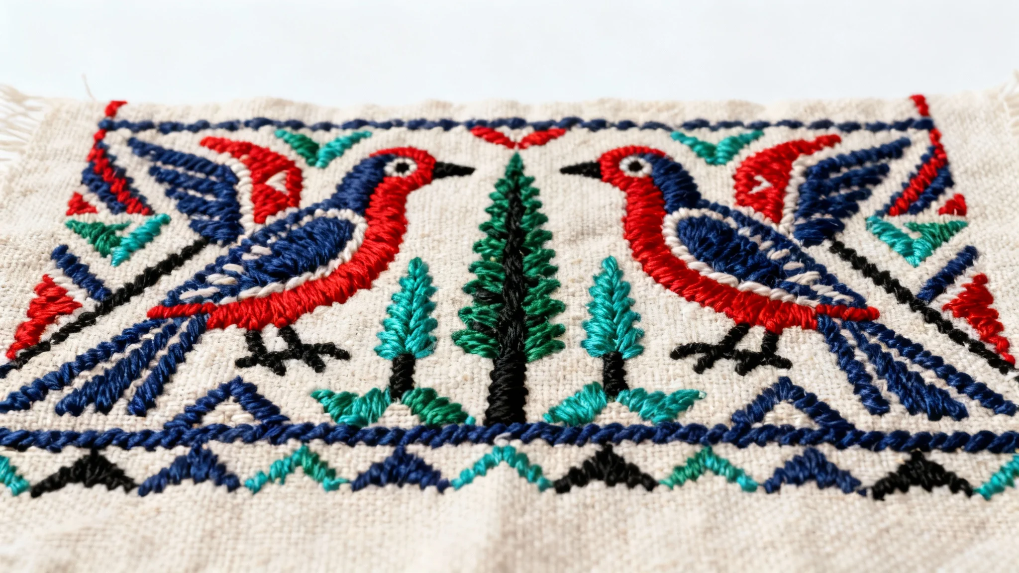 A close-up, detailed image of a traditional Palestinian tatreez embroidery, showcasing intricate geometric patterns in red, blue, and green threads on an off-white fabric.