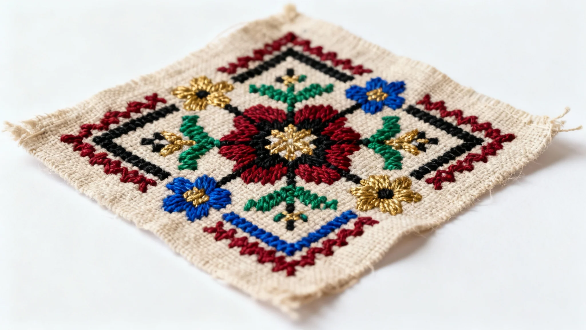 A close-up of a traditional Palestinian tatreez embroidery pattern featuring intricate geometric and floral designs in red, black, and green on a neutral fabric, set against a clean white background.
