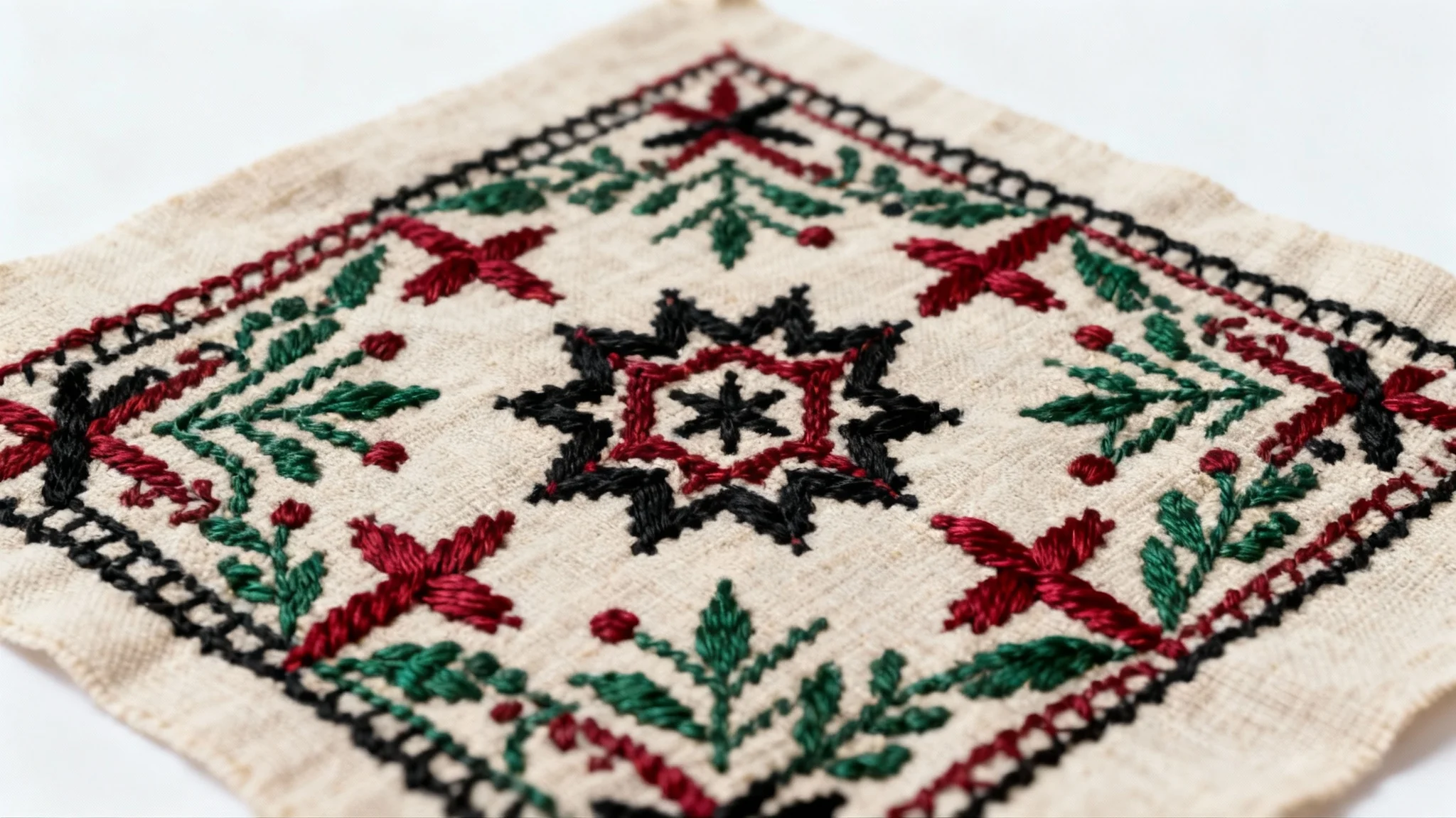 A detailed, close-up photograph of a traditional Palestinian Tatreez embroidery pattern, showing intricate geometric cross-stitch designs in red, black, and green on linen fabric, all set against a plain white background.