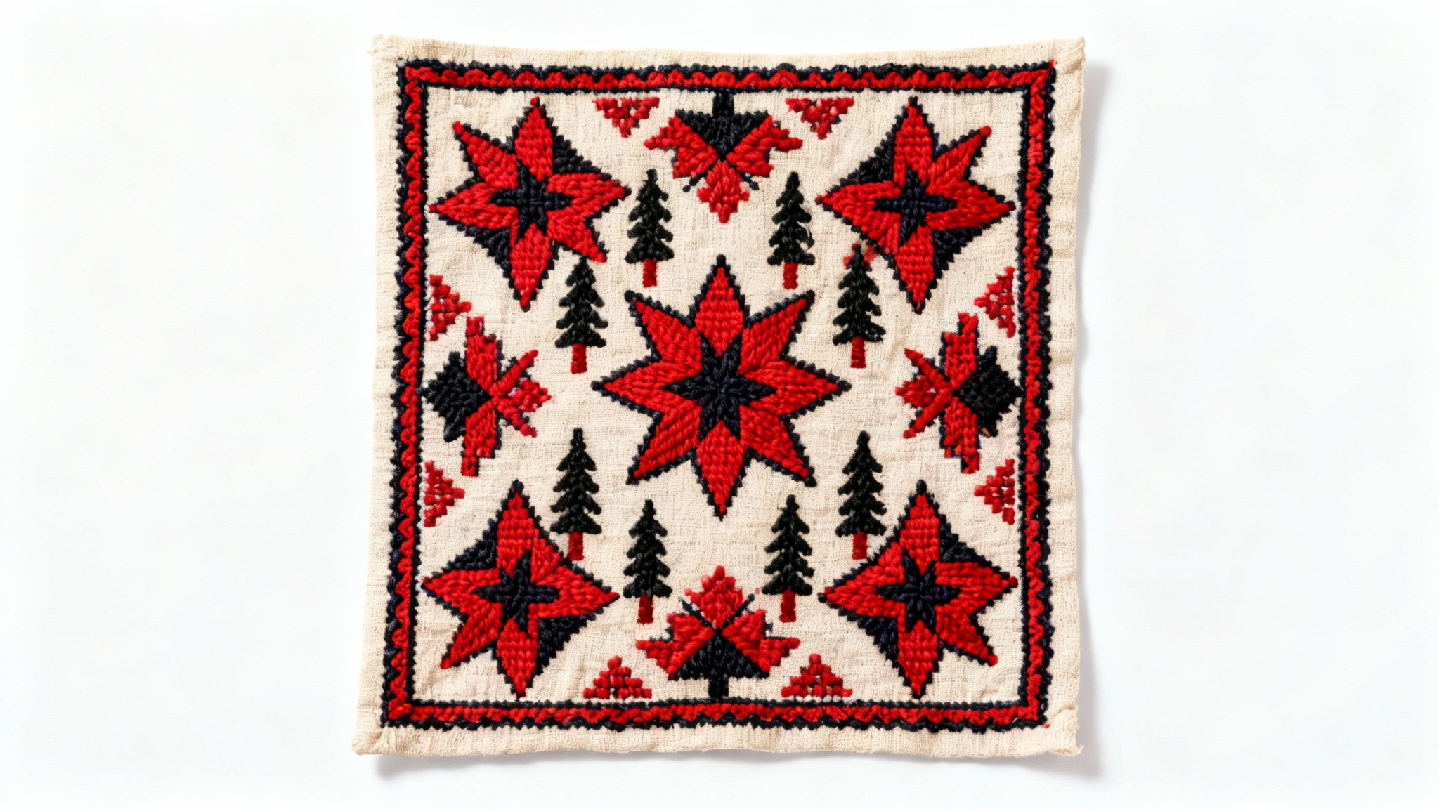A close-up photograph of an intricate Palestinian tatreez embroidery pattern featuring geometric shapes in red and black thread, displayed flat against a clean white background.