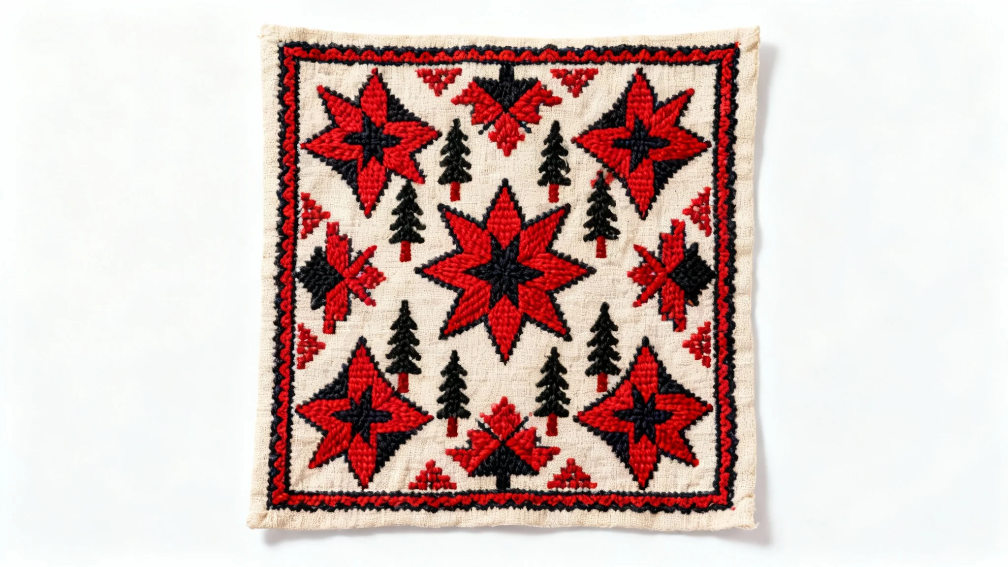 A close-up photograph of an intricate Palestinian tatreez embroidery pattern featuring geometric shapes in red and black thread, displayed flat against a clean white background.