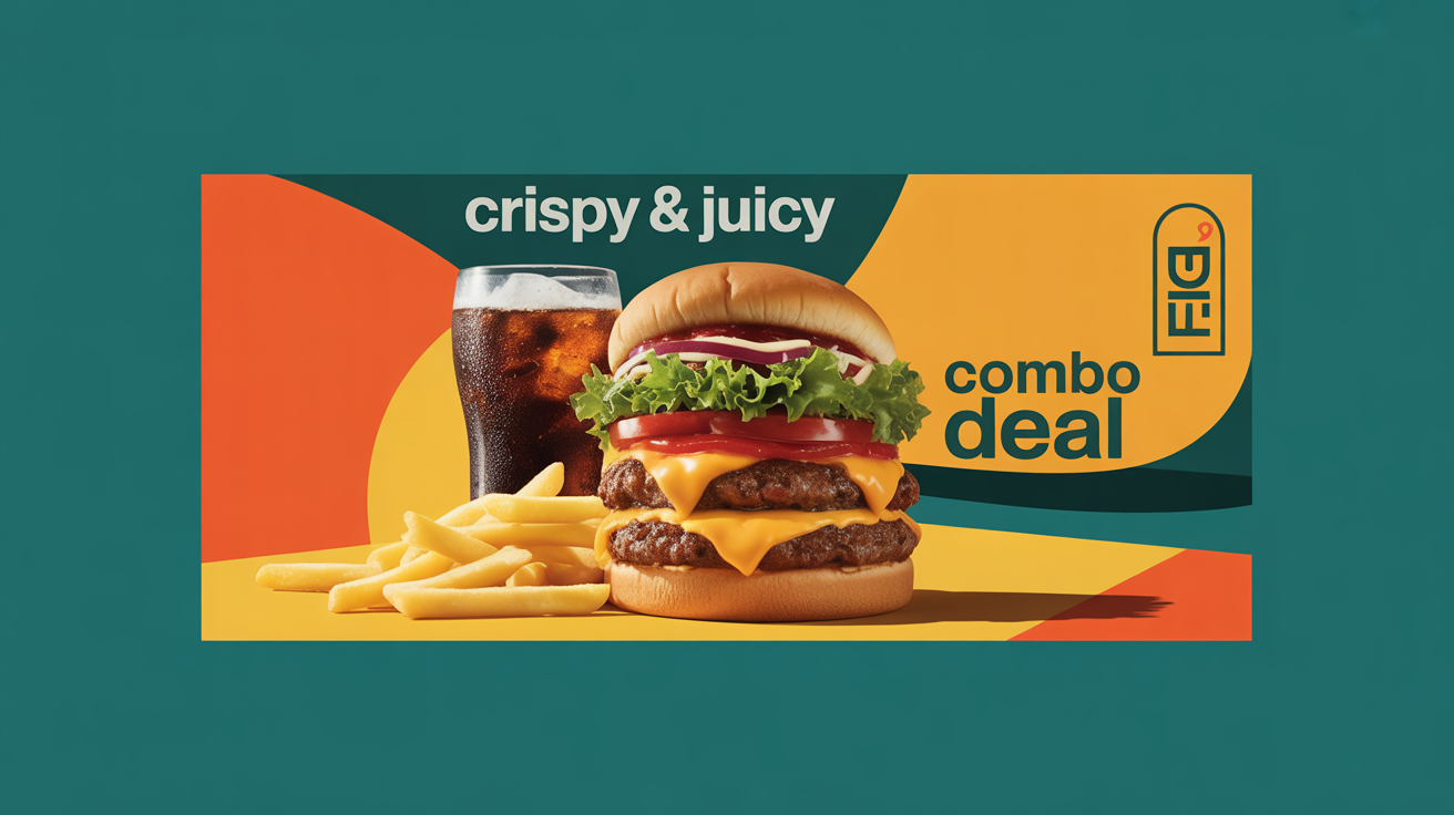 A professional advertisement for a combo meal featuring a delicious burger, fries, and a drink, with the text 'CRISPY & JUICY' and 'COMBO DEAL' integrated into the design.