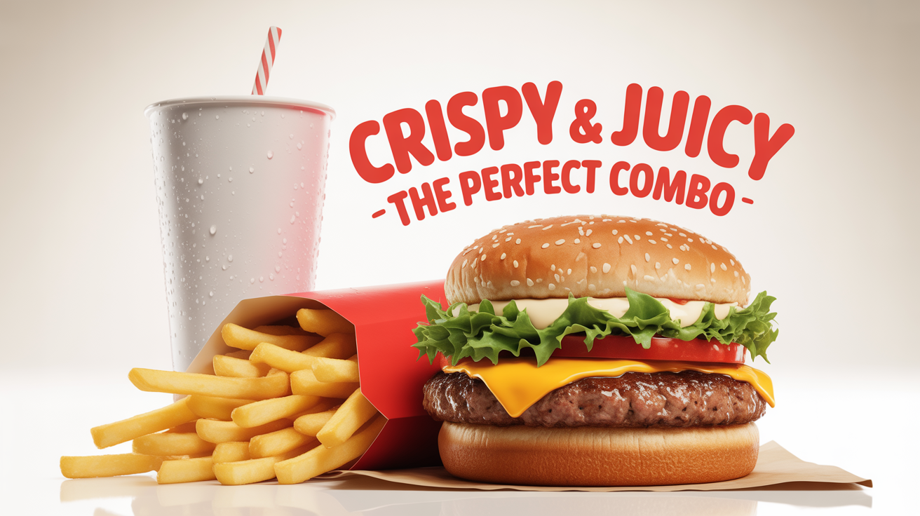 A commercial-style photograph of a fast-food combo meal, including a cheeseburger, french fries, and a soda, arranged appealingly against a solid white background for an advertisement.