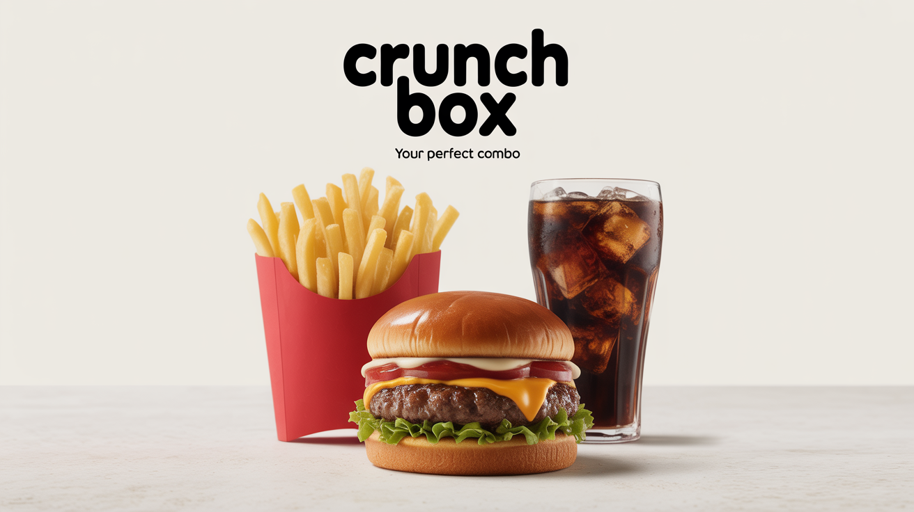 A professional advertisement mockup of a fast-food combo meal on a white background, featuring a gourmet cheeseburger, a side of golden fries, and a cold glass of soda.