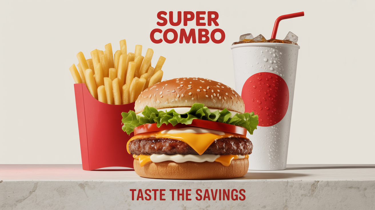 An appetizing commercial photograph of a fast-food combo meal, featuring a large cheeseburger, a container of golden french fries, and a cold drink, with text that reads 'SUPER COMBO'.