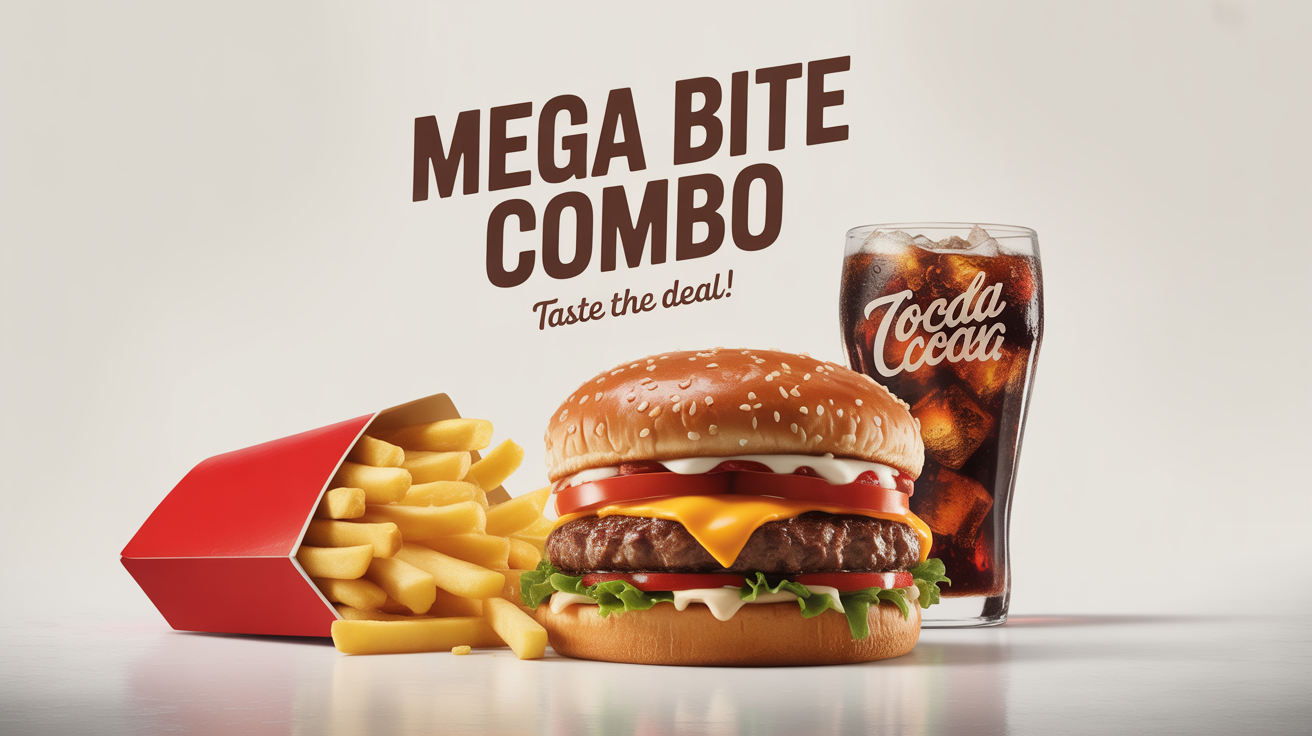 A professional advertisement photo of a delicious fast food combo meal, including a large cheeseburger, a carton of french fries, and a glass of cola, against a clean white background. The text 'MEGA BITE COMBO' is displayed above the meal.