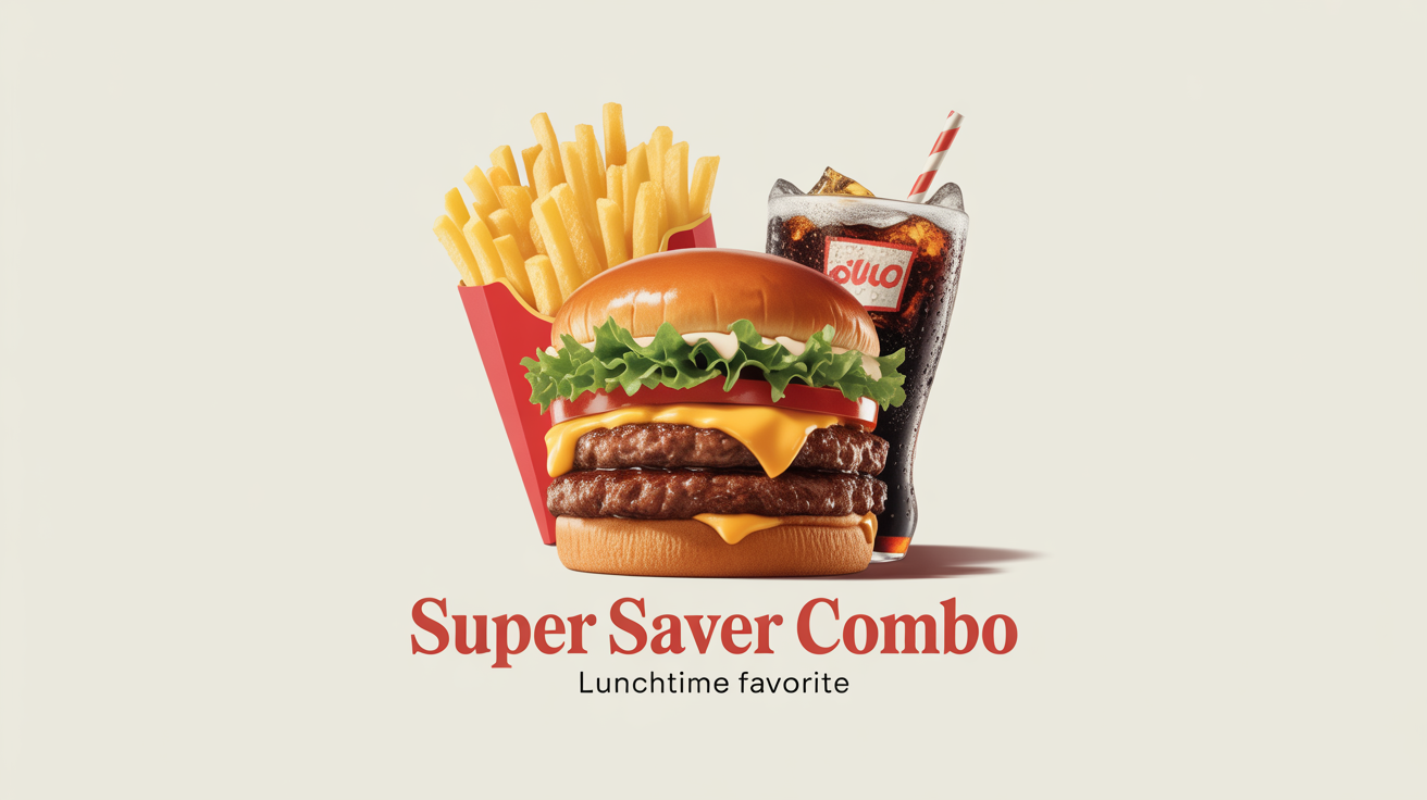 A professional ad-style photograph of a fast-food combo meal against a white background, featuring a large cheeseburger, a carton of french fries, and a cold soda.