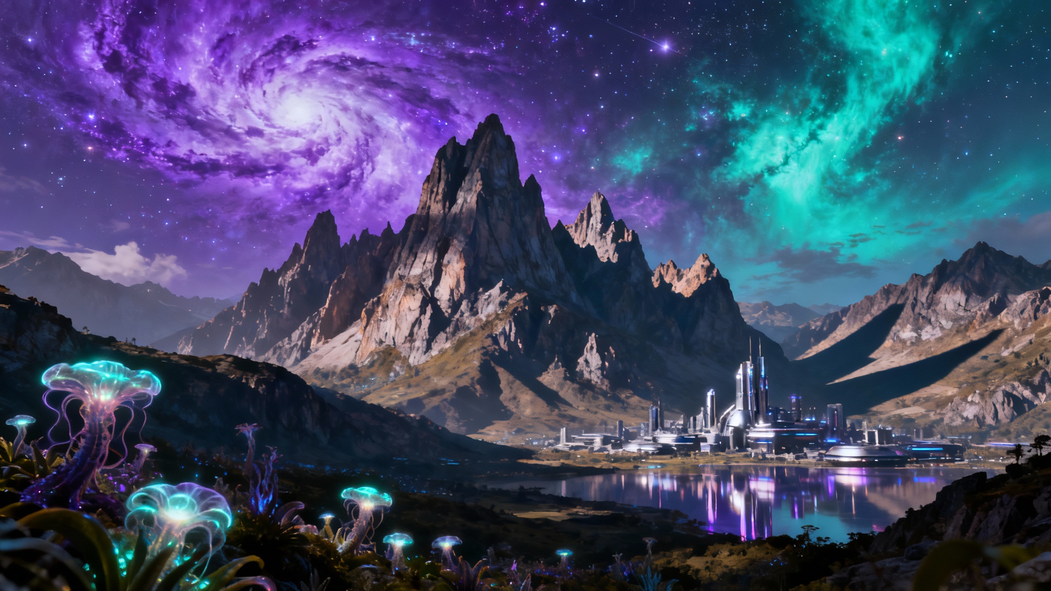 A breathtaking sci-fi landscape at dusk, featuring jagged mountains under a swirling purple and teal nebula. In the foreground, glowing alien plants light up the terrain, while a futuristic city is visible in a distant valley.