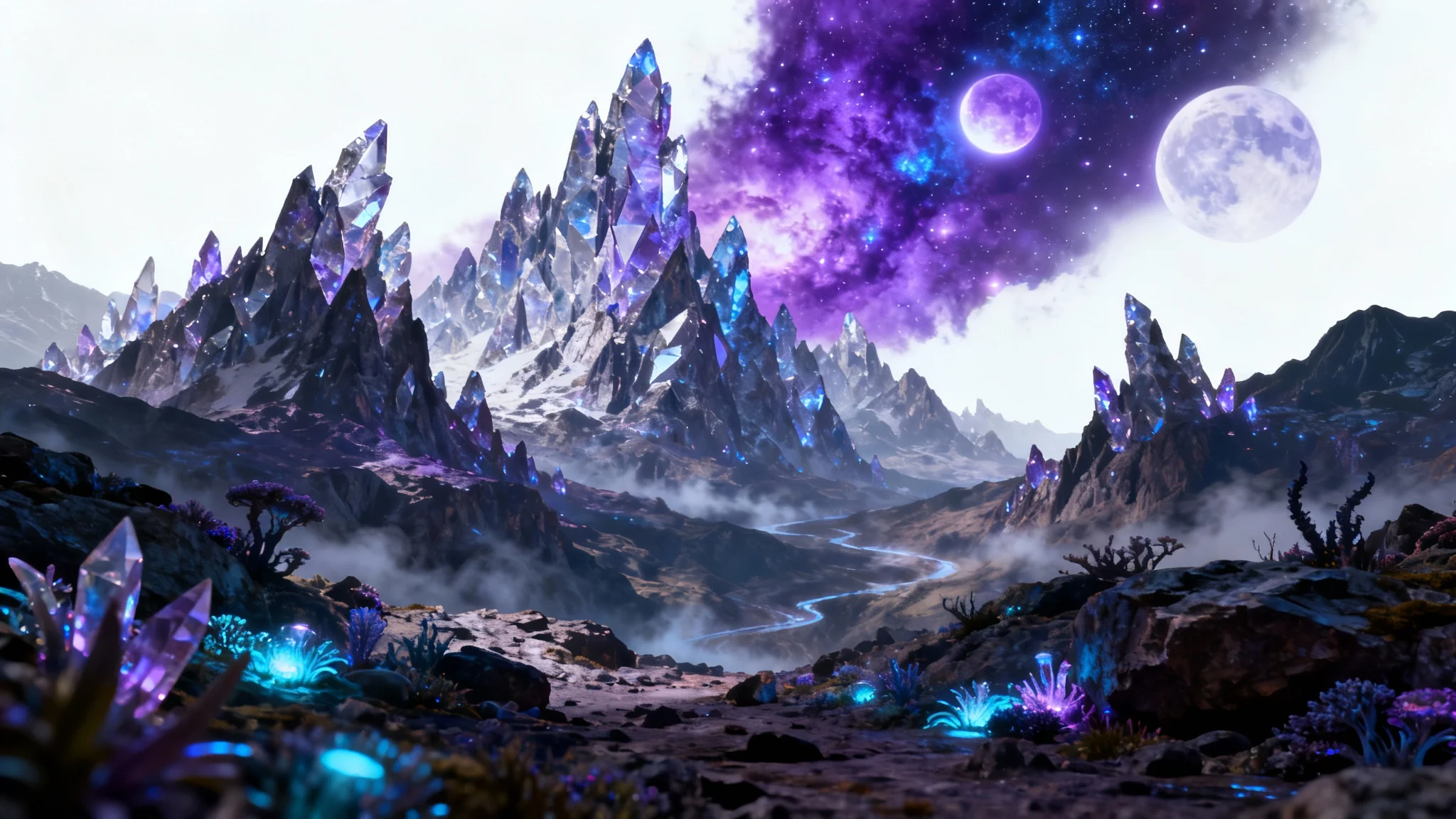 A photorealistic rendering of a science fiction mountain range with crystalline peaks set against a purple nebula sky with two moons, all on a clean white background.