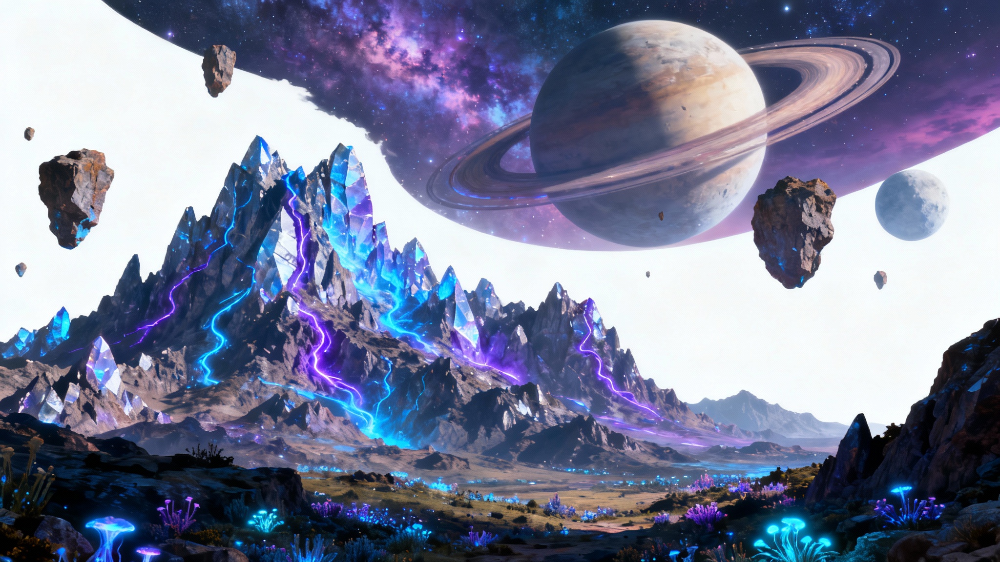A photorealistic sci-fi landscape featuring crystalline mountains with glowing energy veins, bioluminescent alien plants, and a sky with two moons and a large ringed planet.