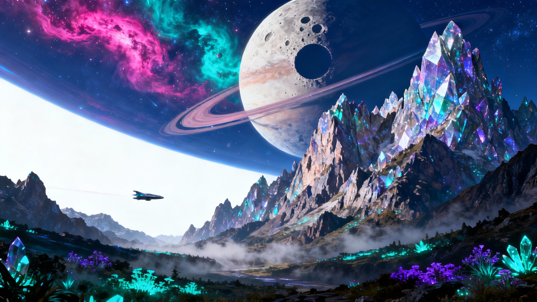 An epic sci-fi mountain landscape with towering crystalline peaks, a giant ringed planet in the purple nebula-filled sky, and glowing alien plants in the valley.