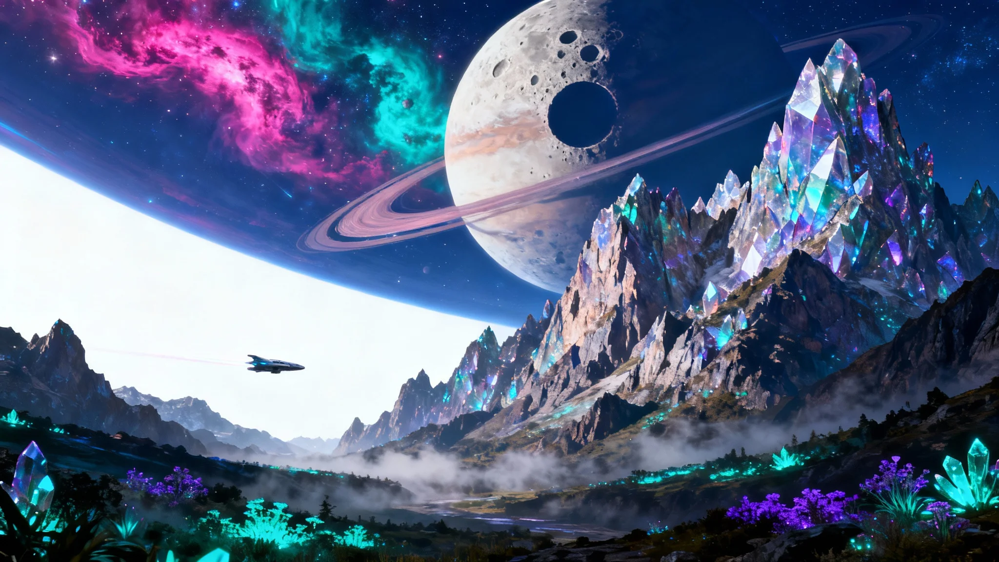 An epic sci-fi mountain landscape with towering crystalline peaks, a giant ringed planet in the purple nebula-filled sky, and glowing alien plants in the valley.