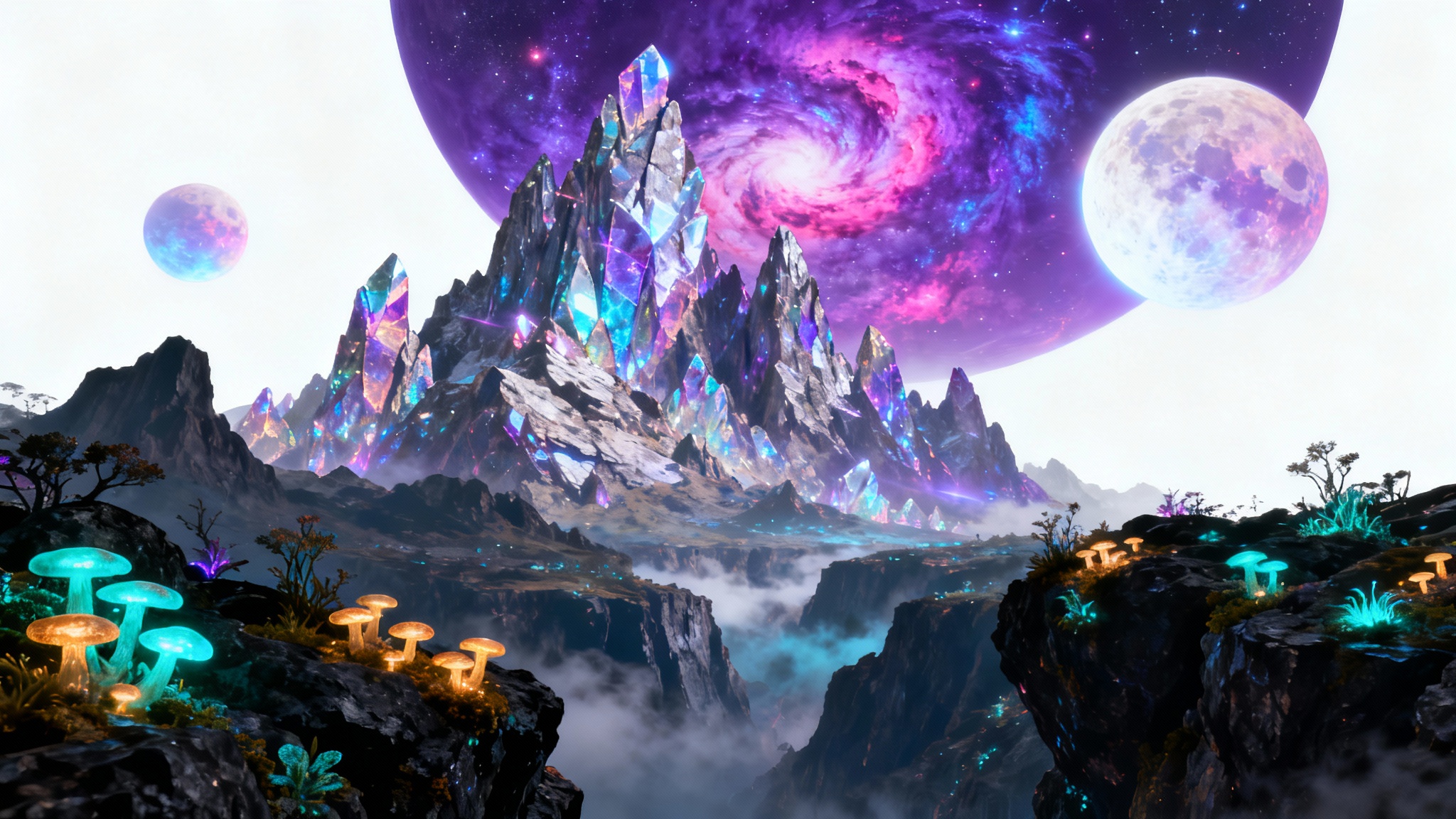 A cinematic depiction of a science fiction mountain landscape, featuring jagged crystalline peaks under a purple nebula sky with two moons, and glowing alien plants in the foreground.