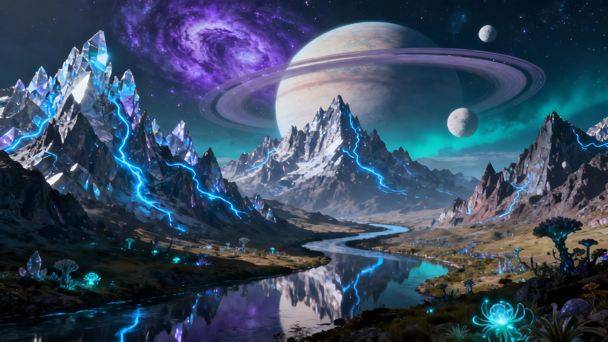 A breathtaking sci-fi landscape featuring crystalline mountains with glowing blue veins, a sky with a large ringed planet and two moons, and glowing bioluminescent alien plants.