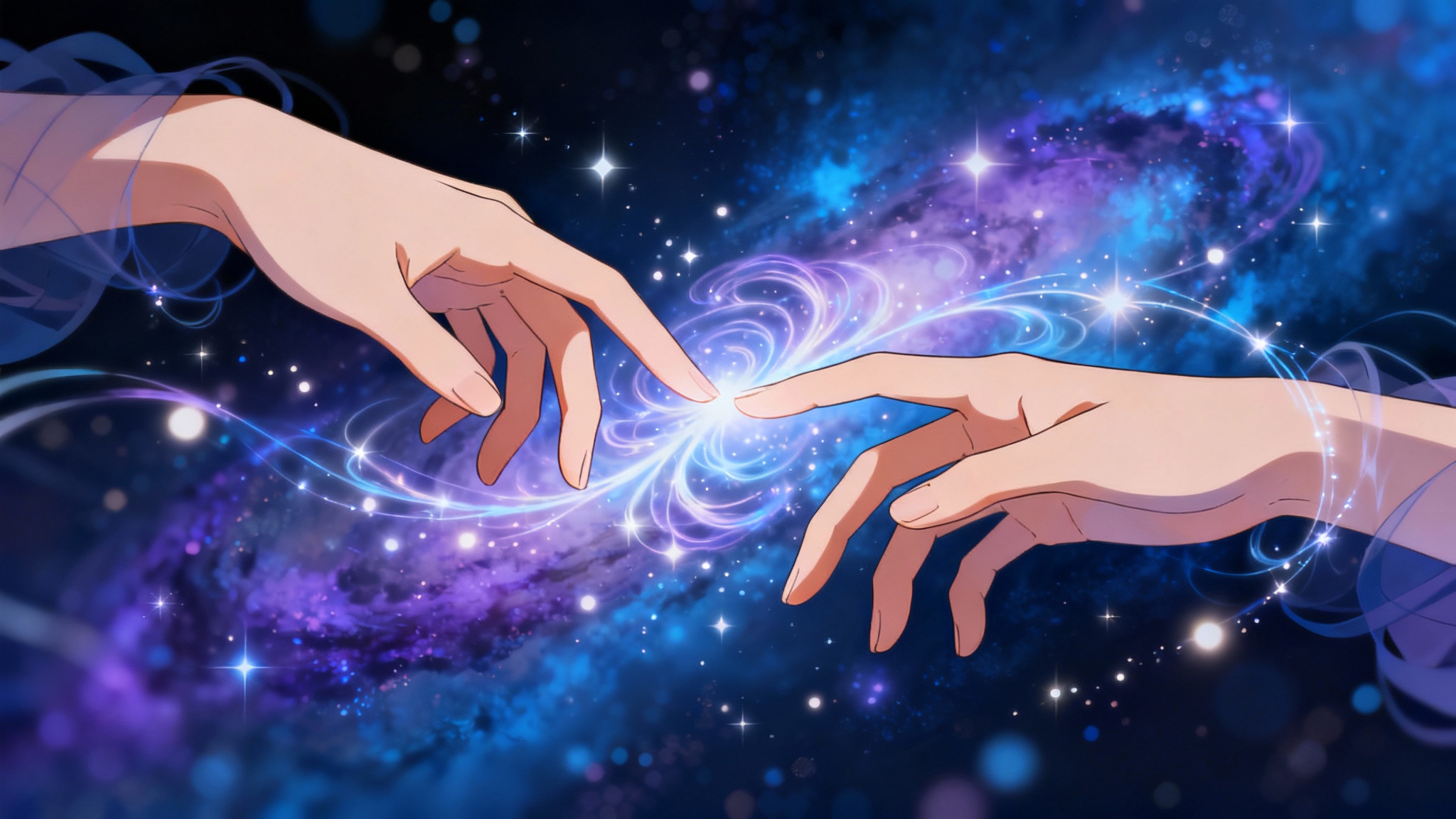 A beautiful digital painting in the anime style showing two hands, one from each side, about to touch. Glowing magical energy swirls between their fingertips against a dark, cosmic background.