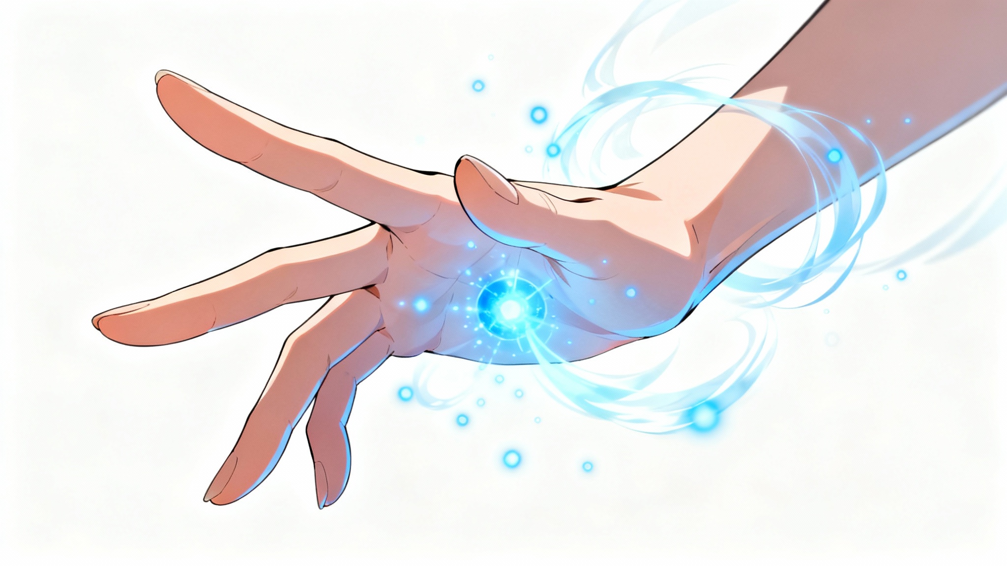 A digital art piece showcasing a detailed anime-style hand against a white background, with glowing blue energy swirling around its elegantly posed fingers.