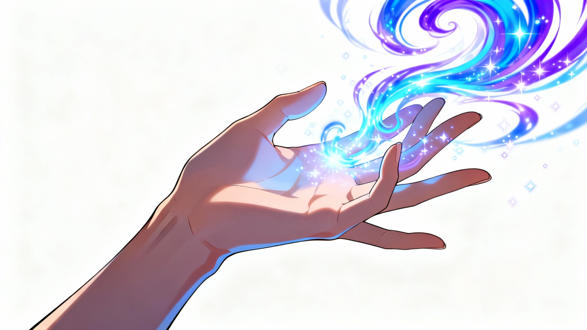 A close-up digital illustration of an anime-style hand casting a spell. Glowing blue and purple magical energy swirls around the hand against a plain white background.