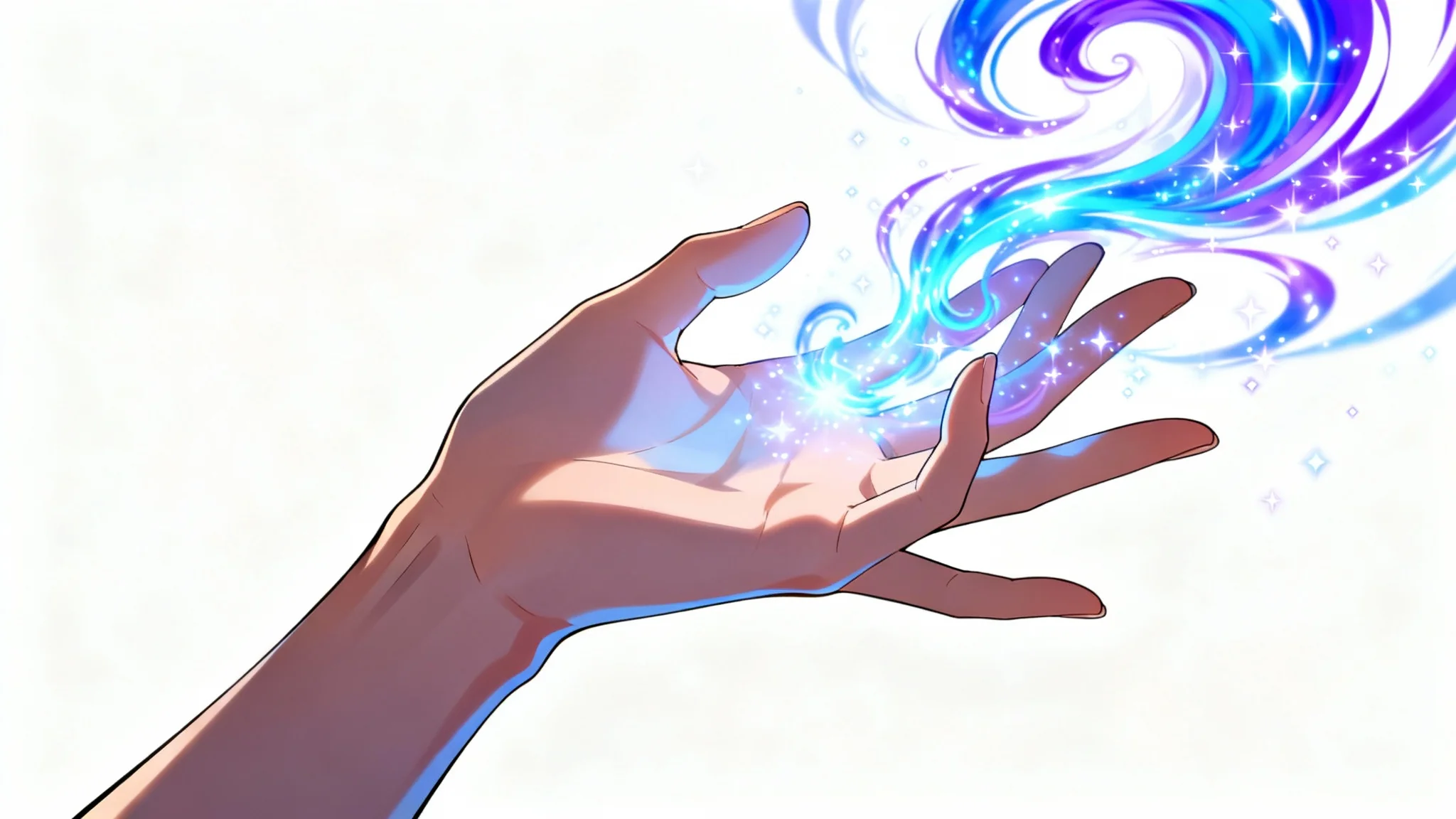 A close-up digital illustration of an anime-style hand casting a spell. Glowing blue and purple magical energy swirls around the hand against a plain white background.