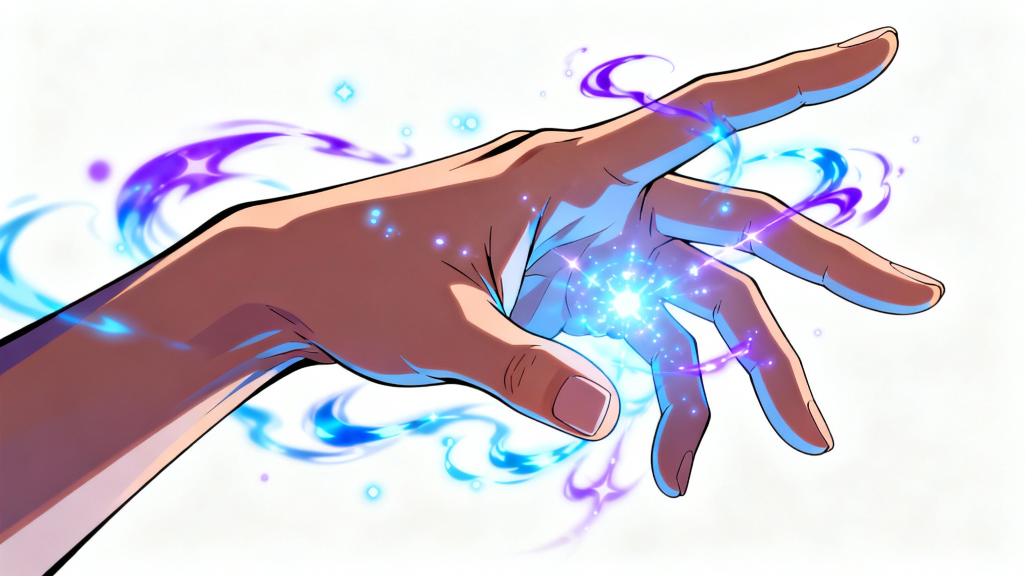 A close-up digital illustration of a hand drawn in an anime style, with glowing magical energy swirling around the fingers, set against a white background.