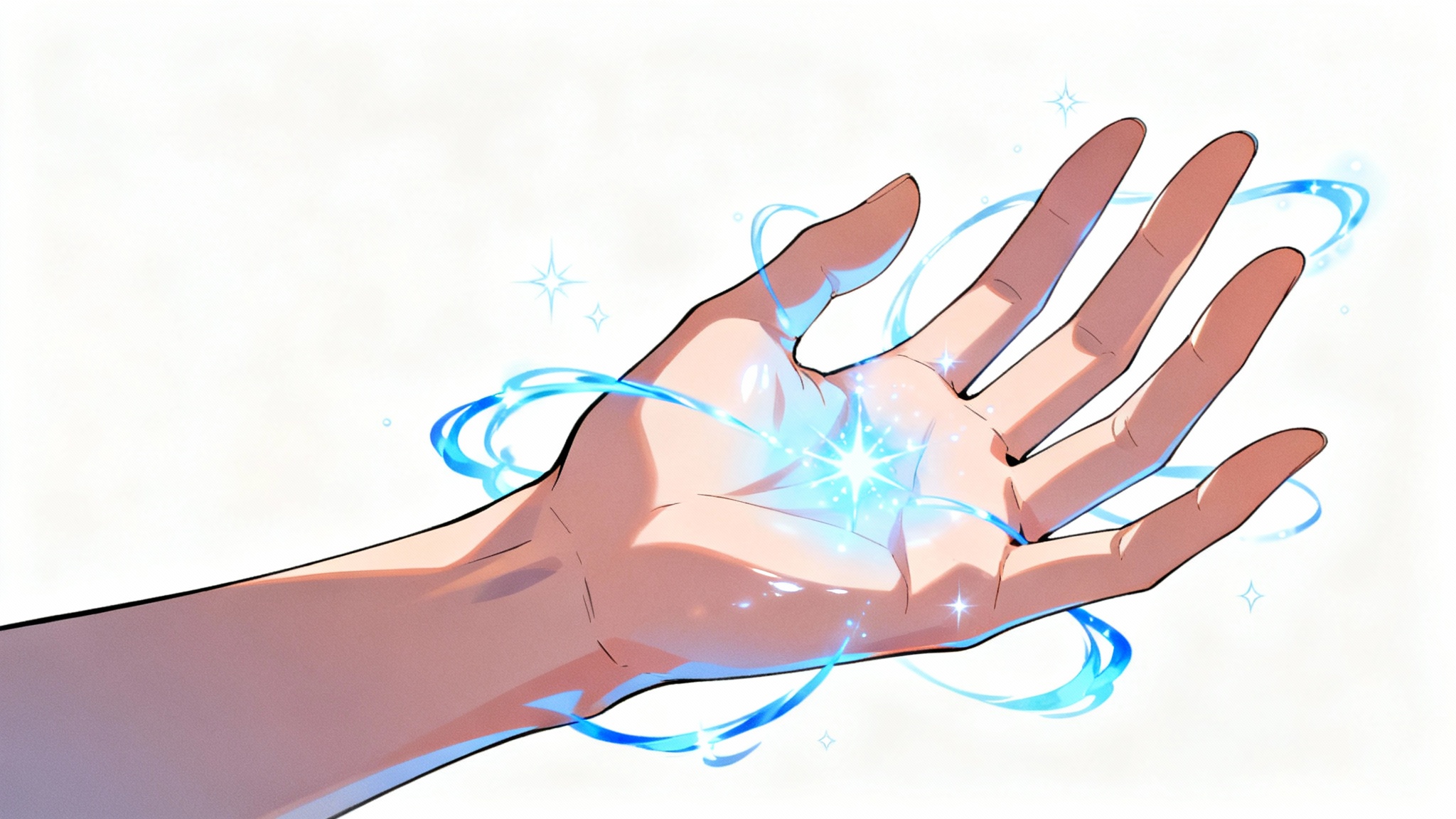 A beautifully rendered anime-style hand with glowing blue energy and sparkles swirling around its fingers, set against a stark white background to highlight the detailed art.