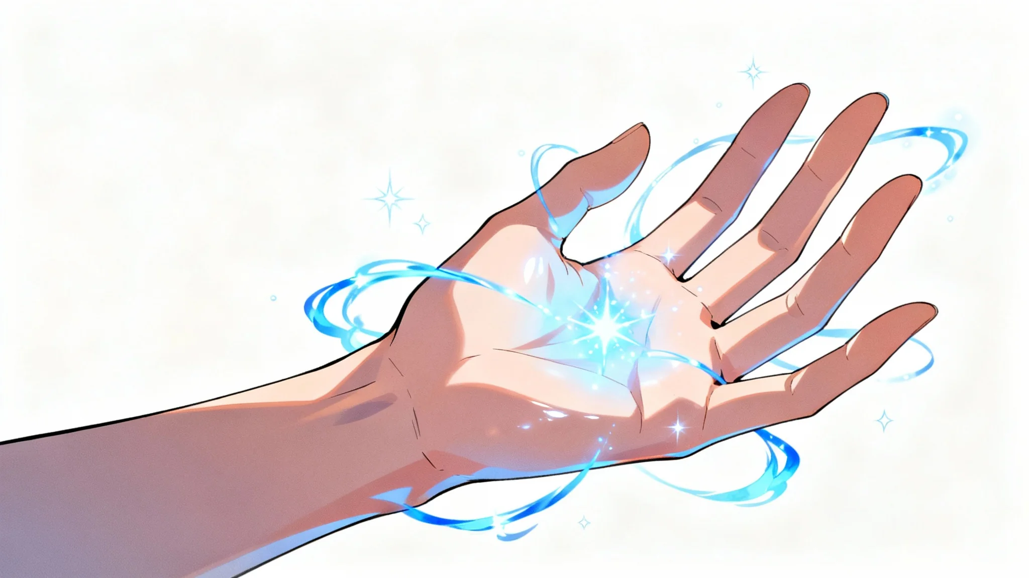 A beautifully rendered anime-style hand with glowing blue energy and sparkles swirling around its fingers, set against a stark white background to highlight the detailed art.