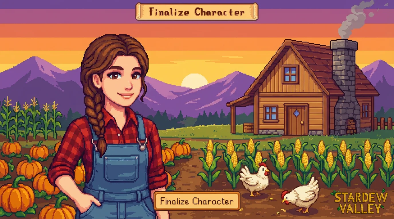 A finished pixel art character, created in the style of Stardew Valley, standing on their farm at sunset. The character is a woman with braided hair and farm clothes, surrounded by crops and chickens, with a farmhouse in the background.