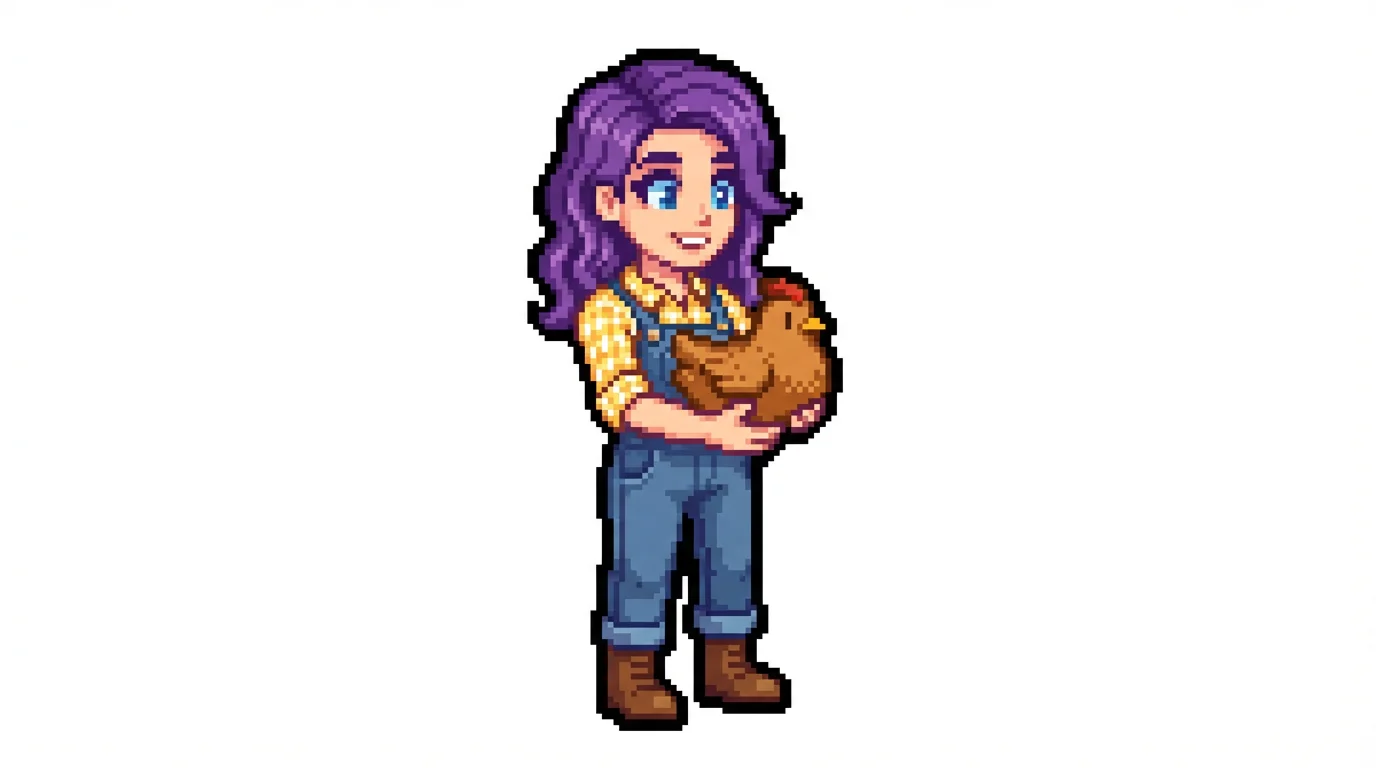 A pixel art character in the style of Stardew Valley, featuring a young woman with purple hair holding a chicken, set against a plain white background.